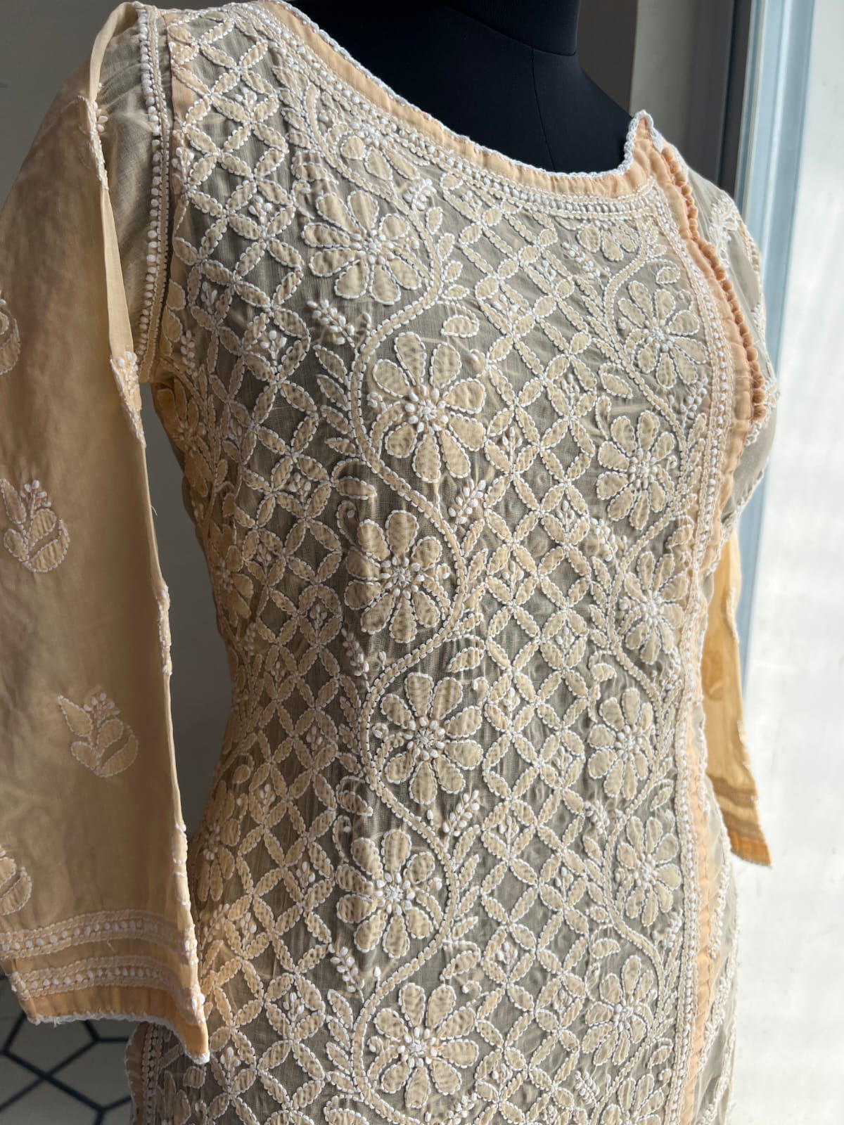 Peach Soft cotton Angarkha style kurta with intricate chikankari