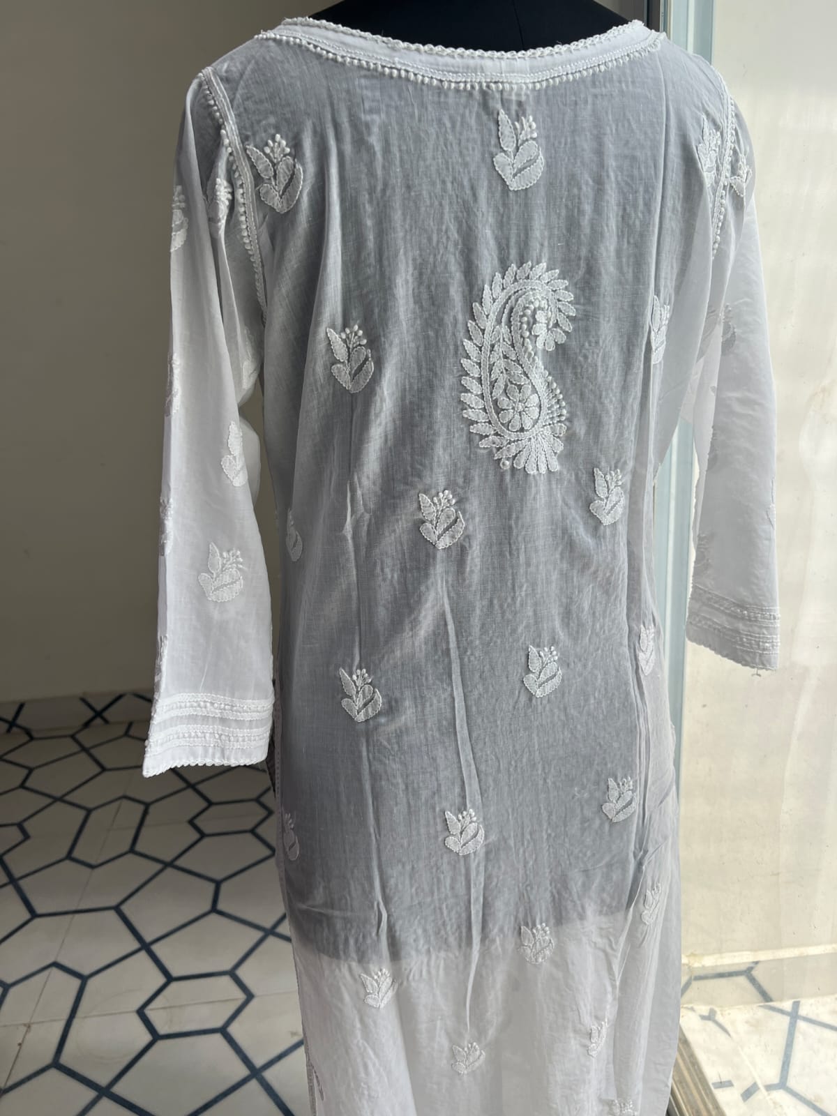 White Soft Cotton Angarkha style Kurta with Intricate chikankari
