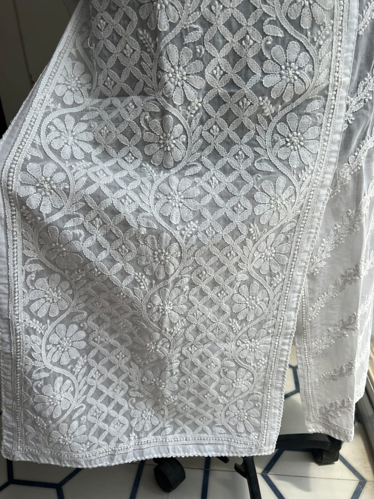 White Soft Cotton Angarkha style Kurta with Intricate chikankari