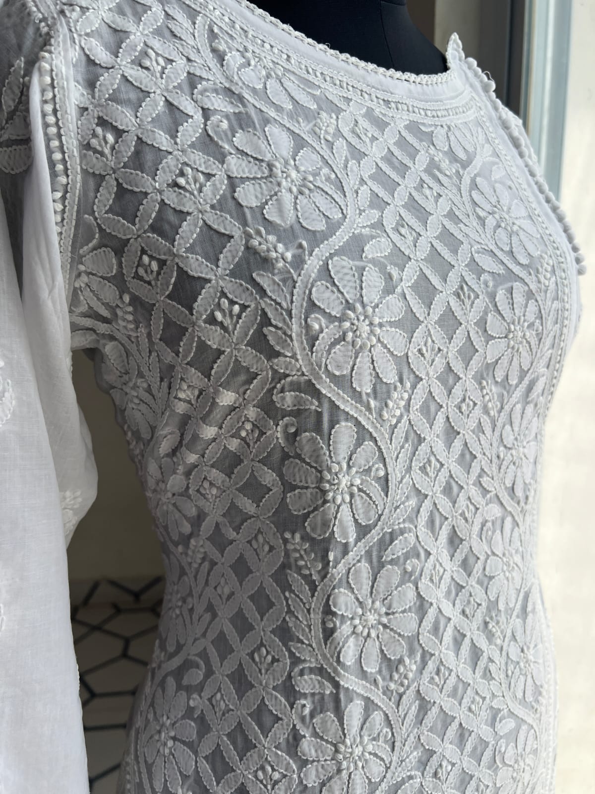 White Soft Cotton Angarkha style Kurta with Intricate chikankari