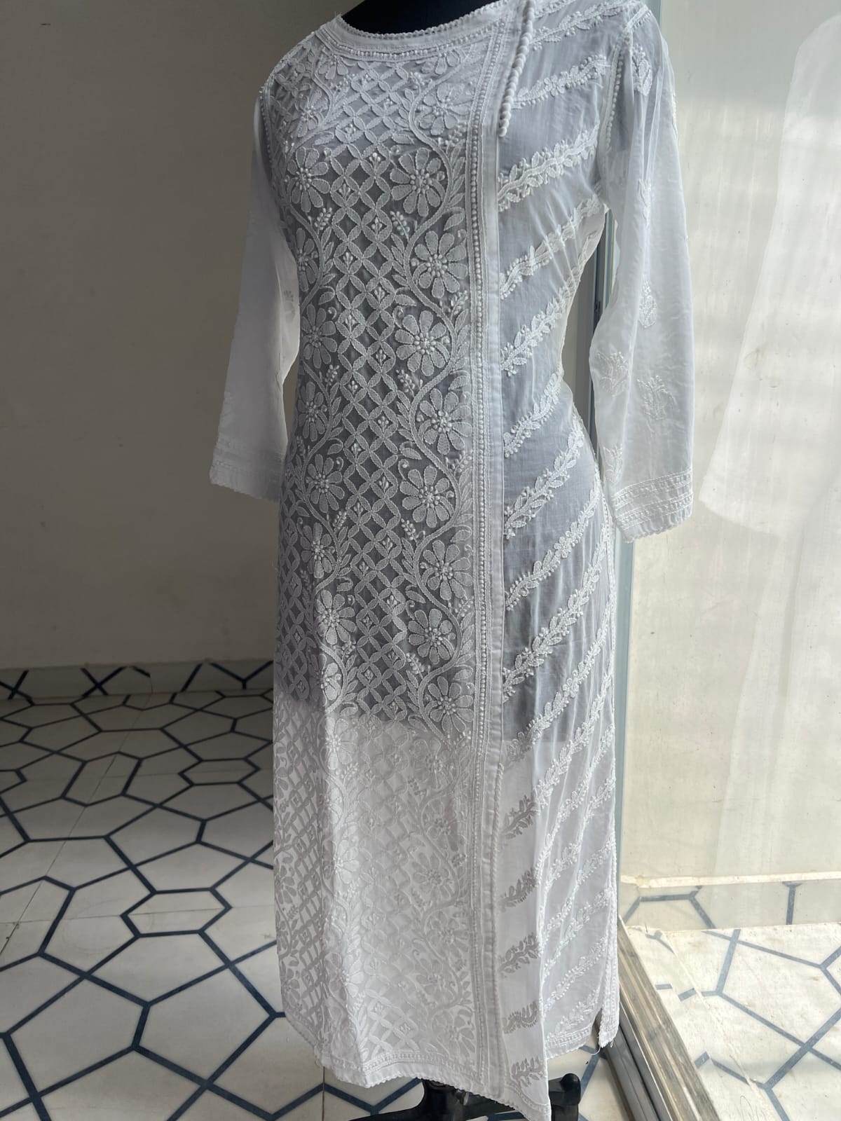 White Soft Cotton Angarkha style Kurta with Intricate chikankari