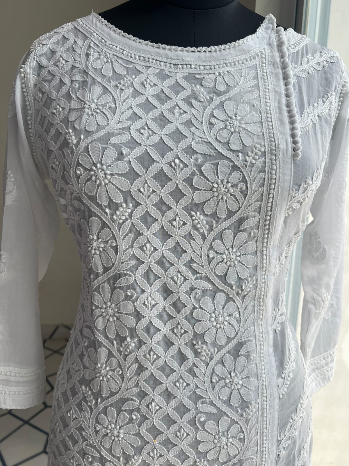 White Soft Cotton Angarkha style Kurta with Intricate chikankari