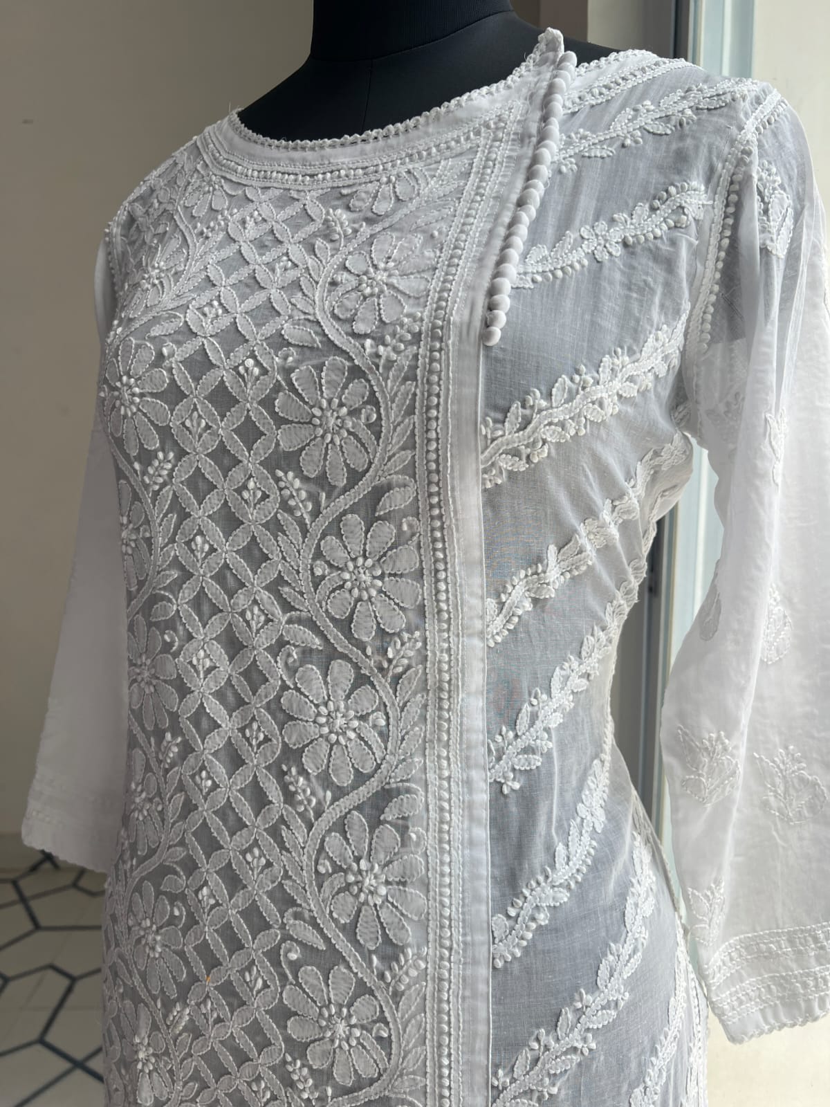 White Soft Cotton Angarkha style Kurta with Intricate chikankari