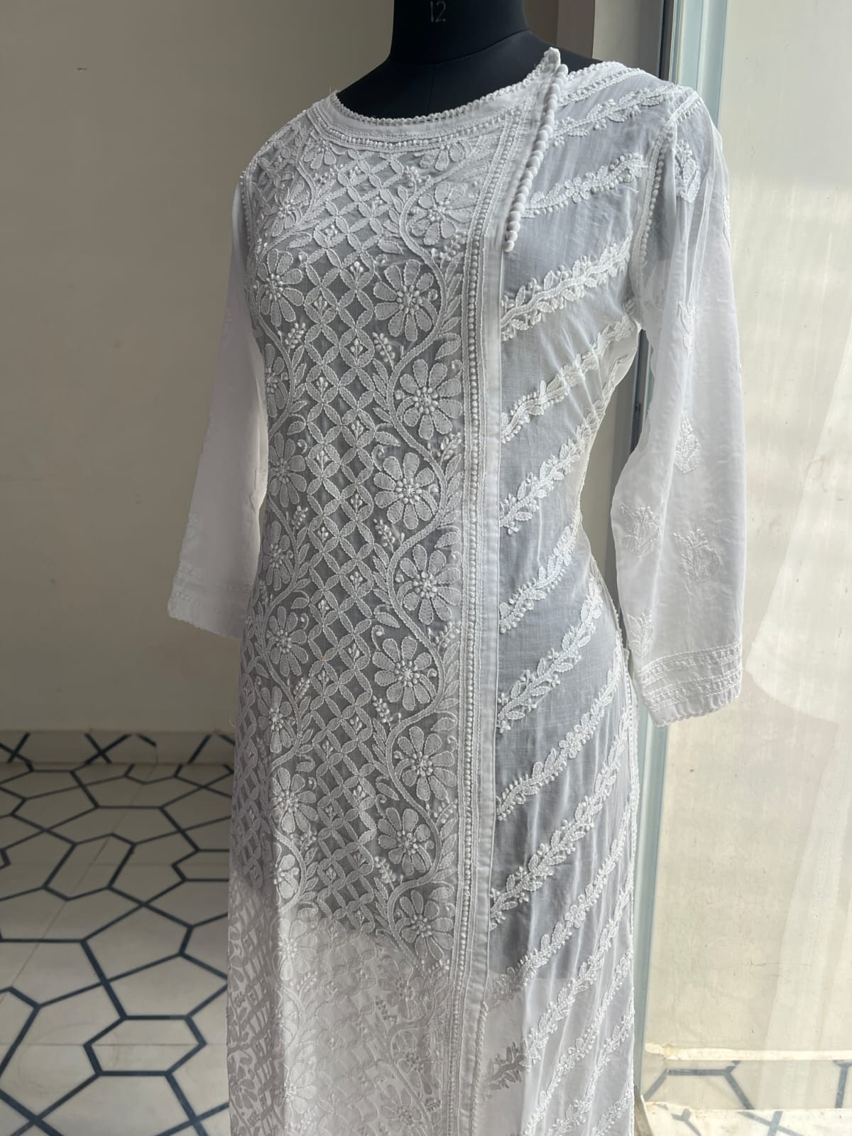 White Soft Cotton Angarkha style Kurta with Intricate chikankari