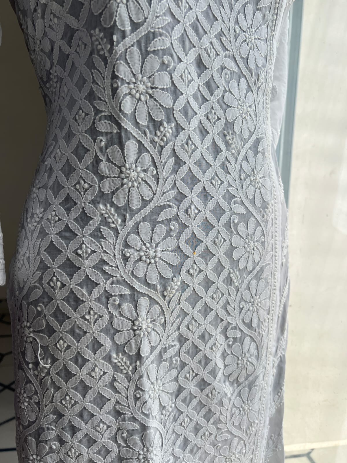 White Soft Cotton Angarkha style Kurta with Intricate chikankari