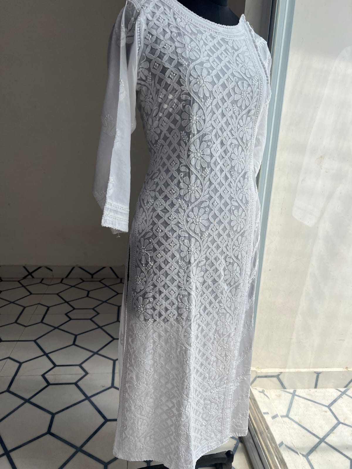 White Soft Cotton Angarkha style Kurta with Intricate chikankari
