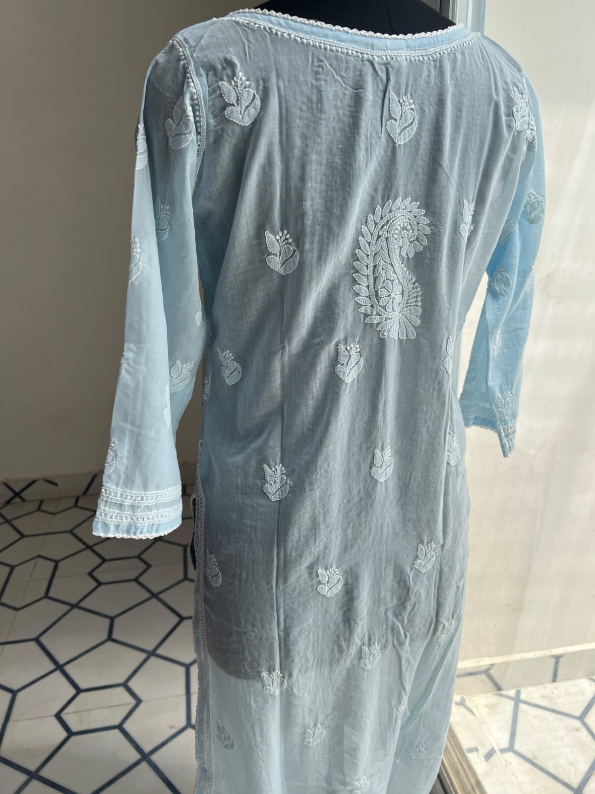 Powder Blue Soft Cotton Angarkha style Kurta with intricate chikankari