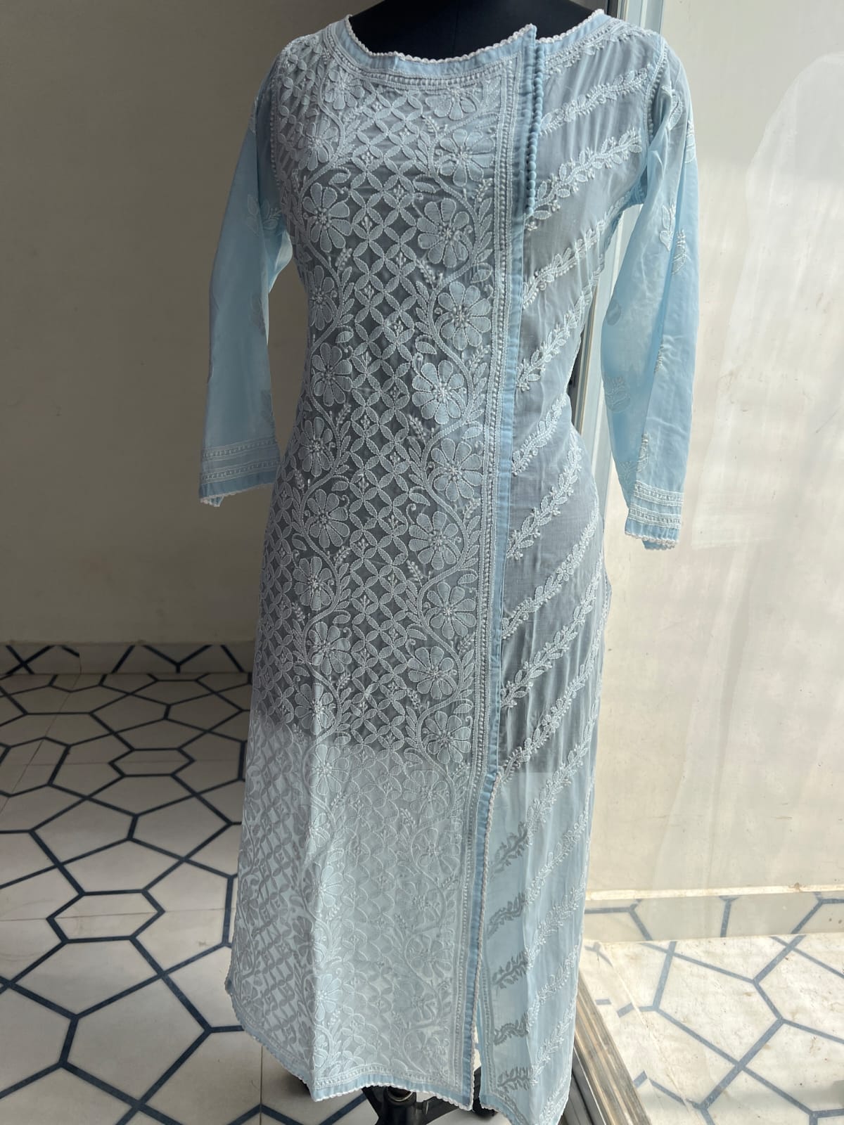 Powder Blue Soft Cotton Angarkha style Kurta with intricate chikankari