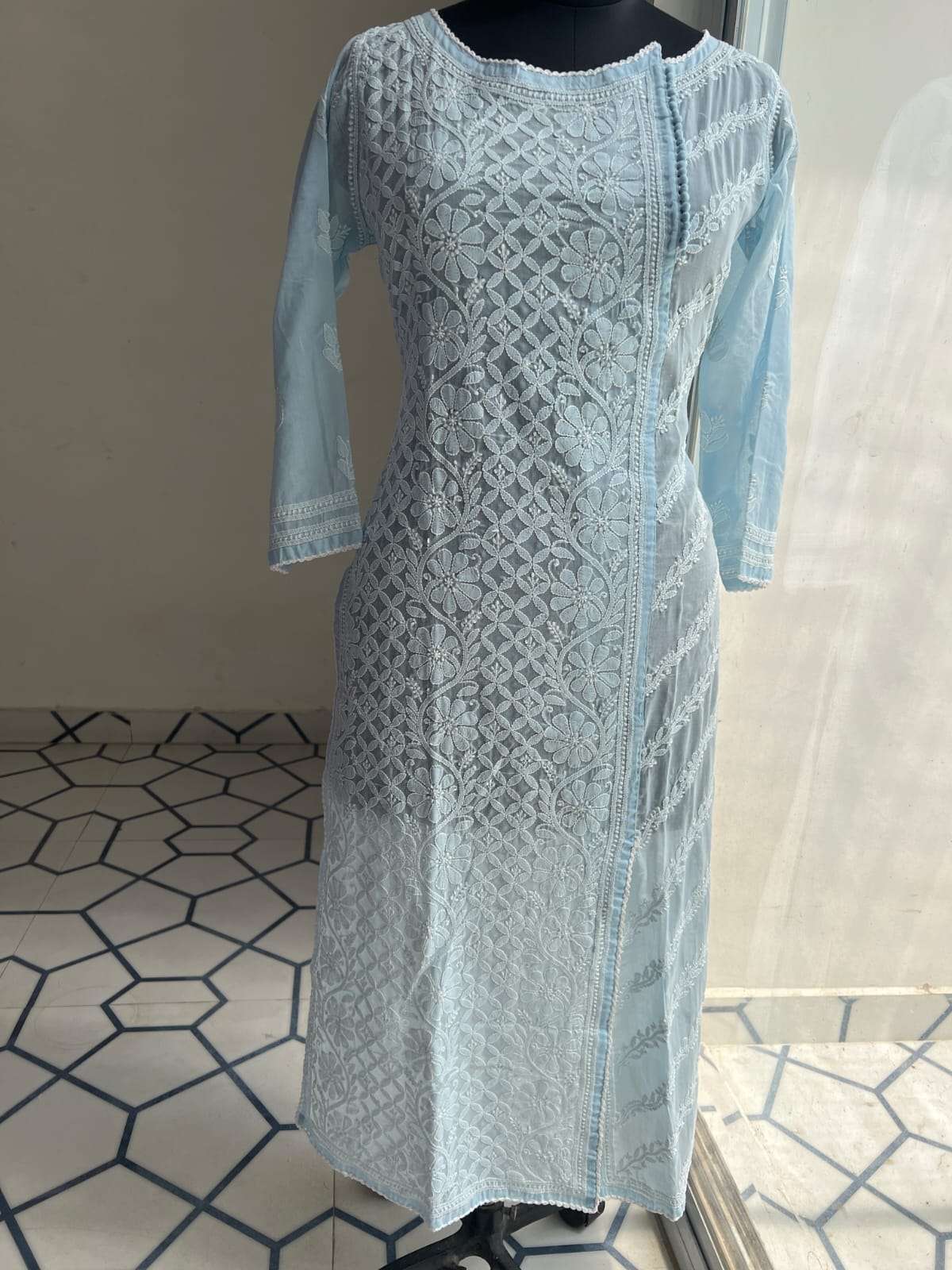 Powder Blue Soft Cotton Angarkha style Kurta with intricate chikankari