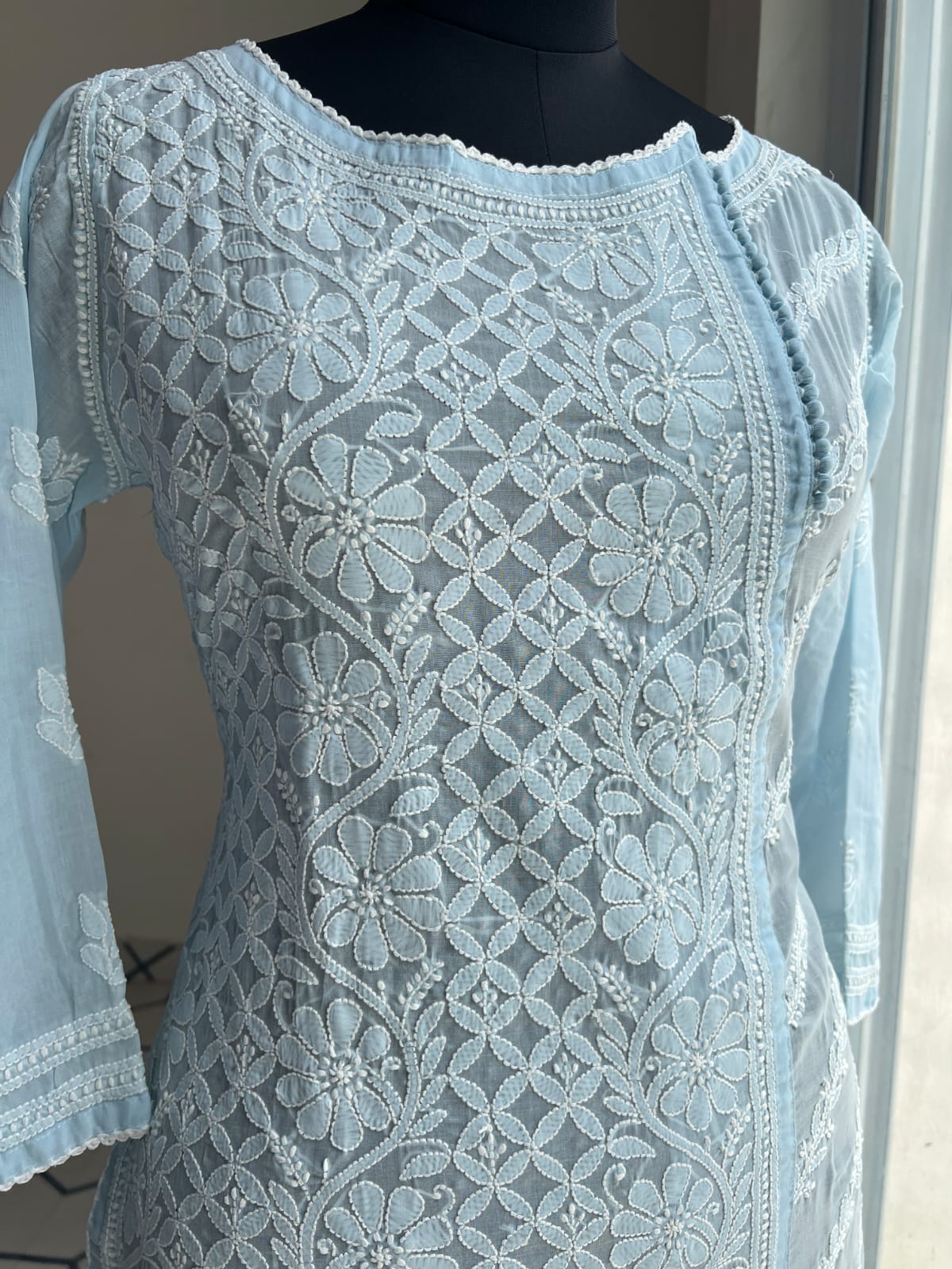 Powder Blue Soft Cotton Angarkha style Kurta with intricate chikankari