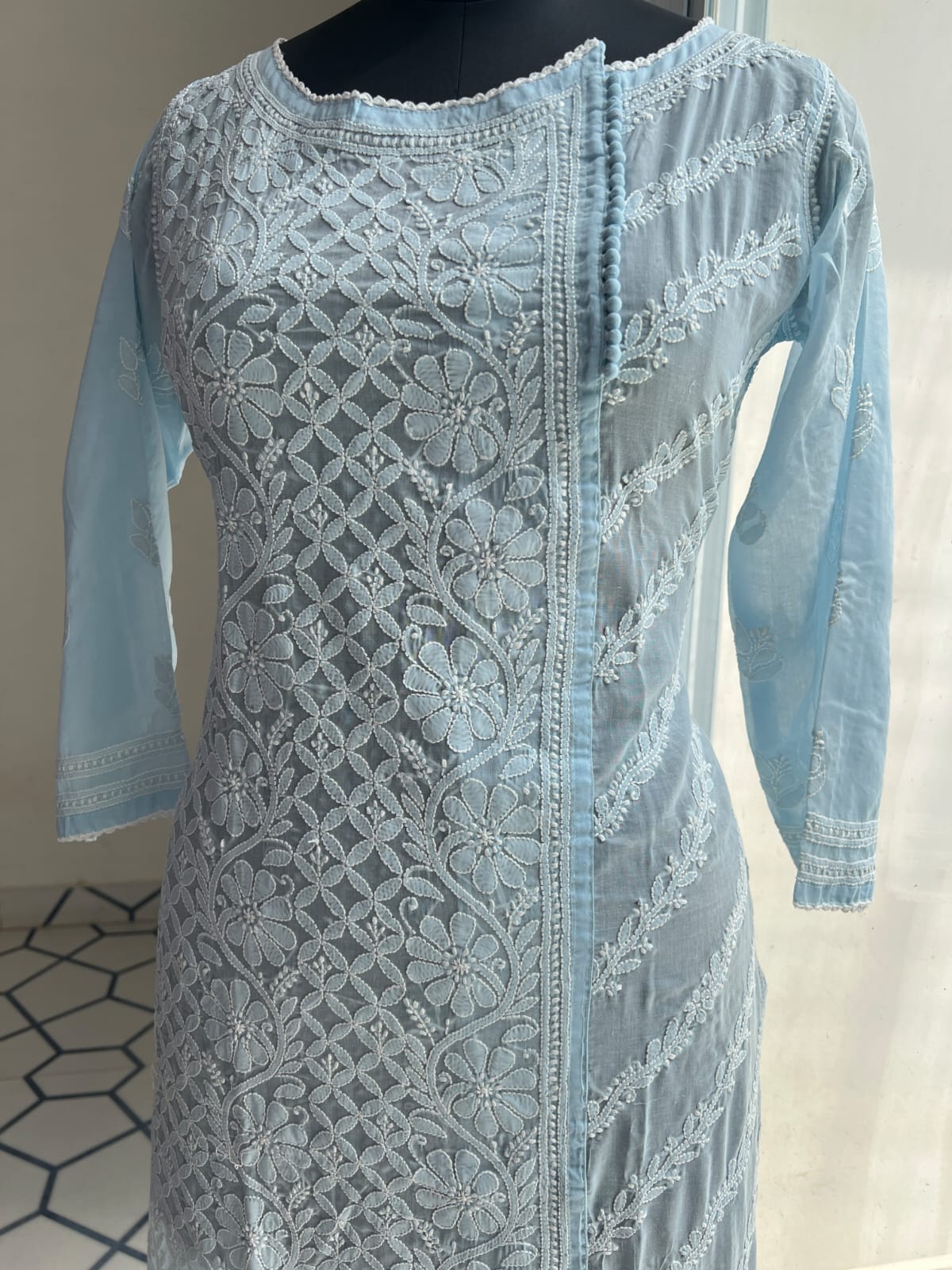 Powder Blue Soft Cotton Angarkha style Kurta with intricate chikankari