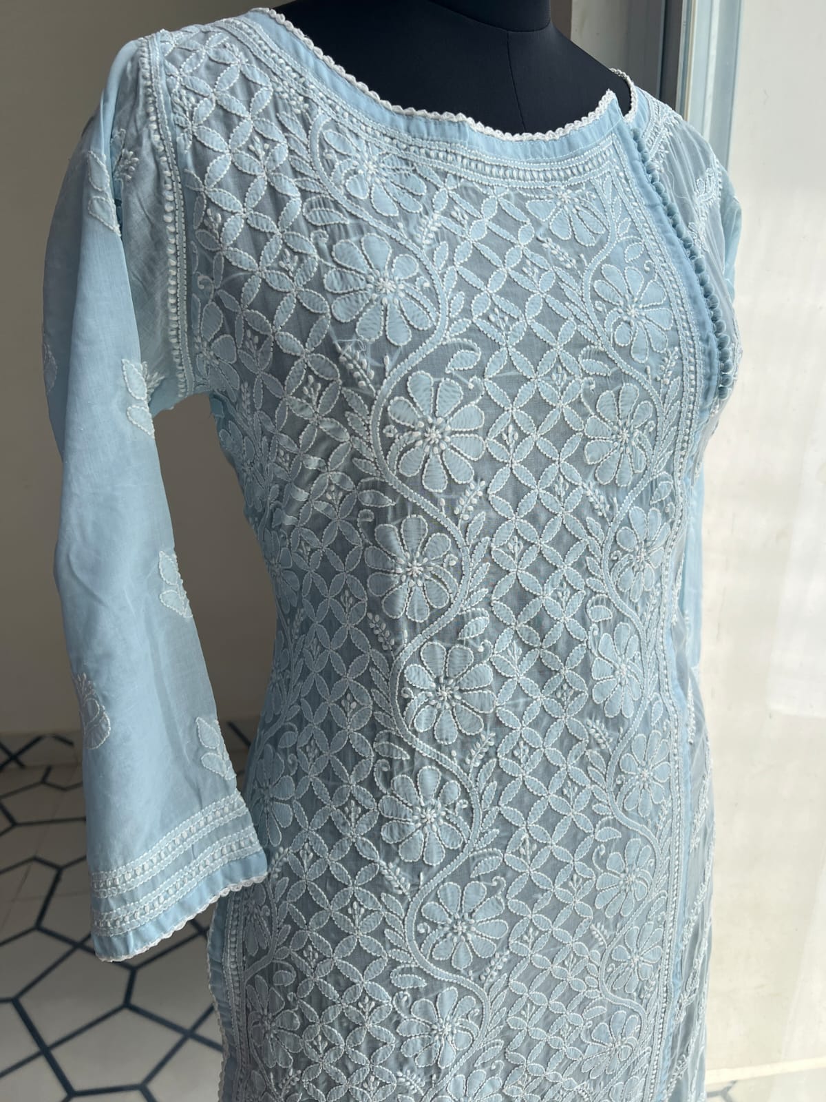 Powder Blue Soft Cotton Angarkha style Kurta with intricate chikankari