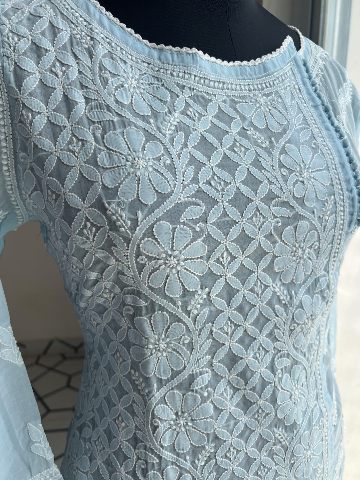 Powder Blue Soft Cotton Angarkha style Kurta with intricate chikankari