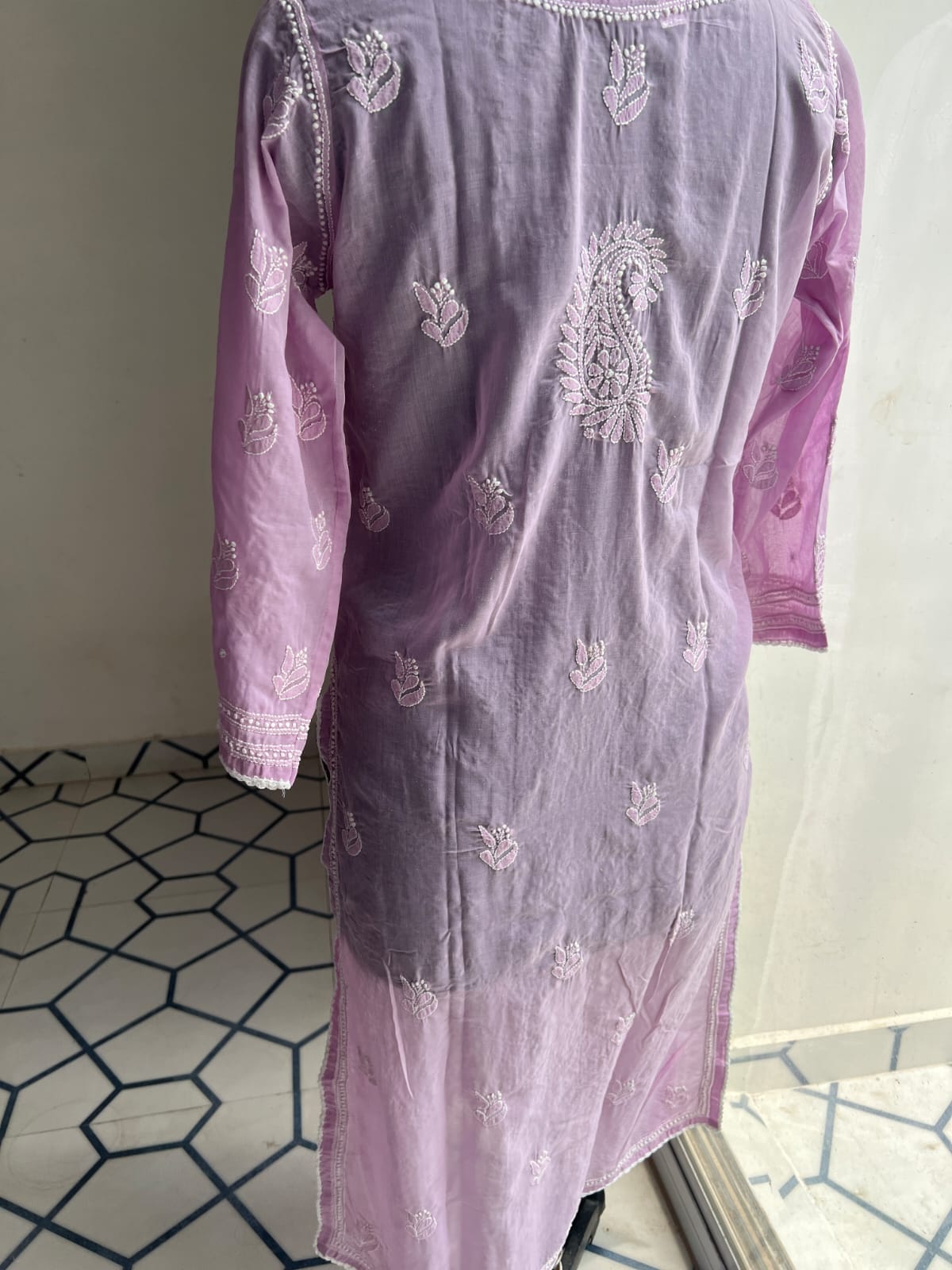 Lavender Soft Cotton Angarkha style Kurta with intricate chikankari