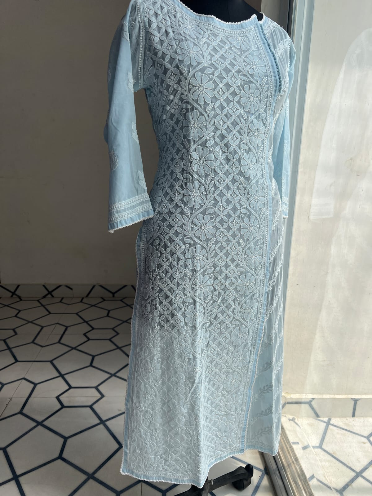 Powder Blue Soft Cotton Angarkha style Kurta with intricate chikankari