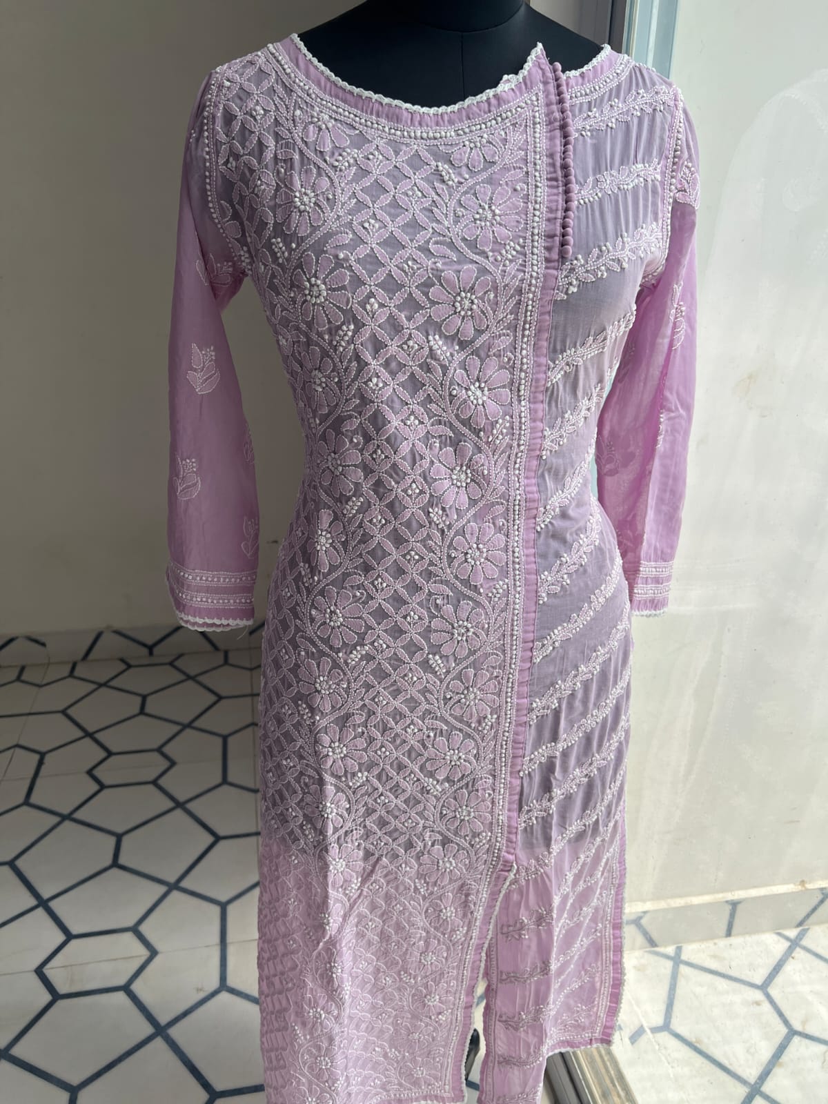 Lavender Soft Cotton Angarkha style Kurta with intricate chikankari