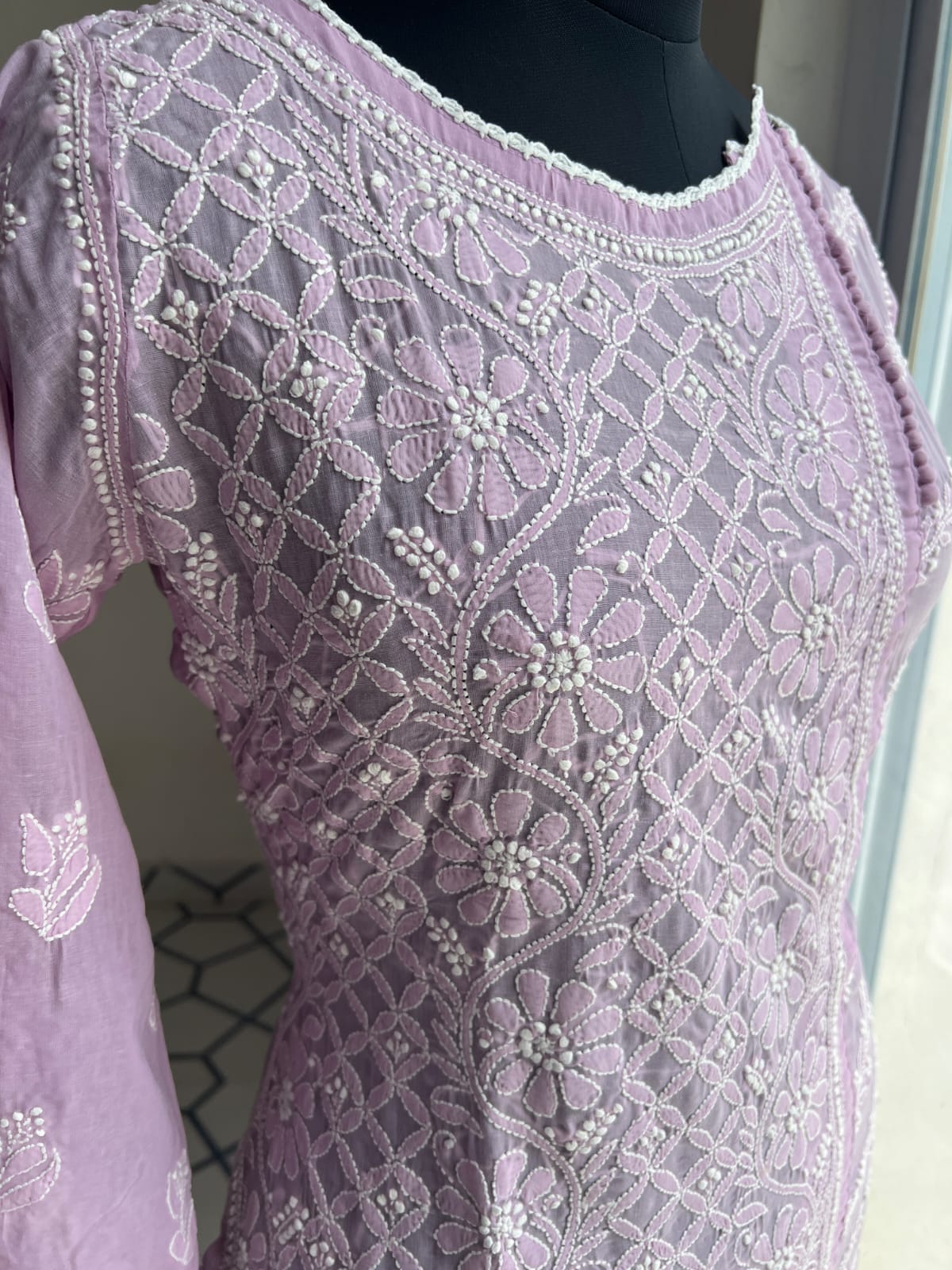 Lavender Soft Cotton Angarkha style Kurta with intricate chikankari