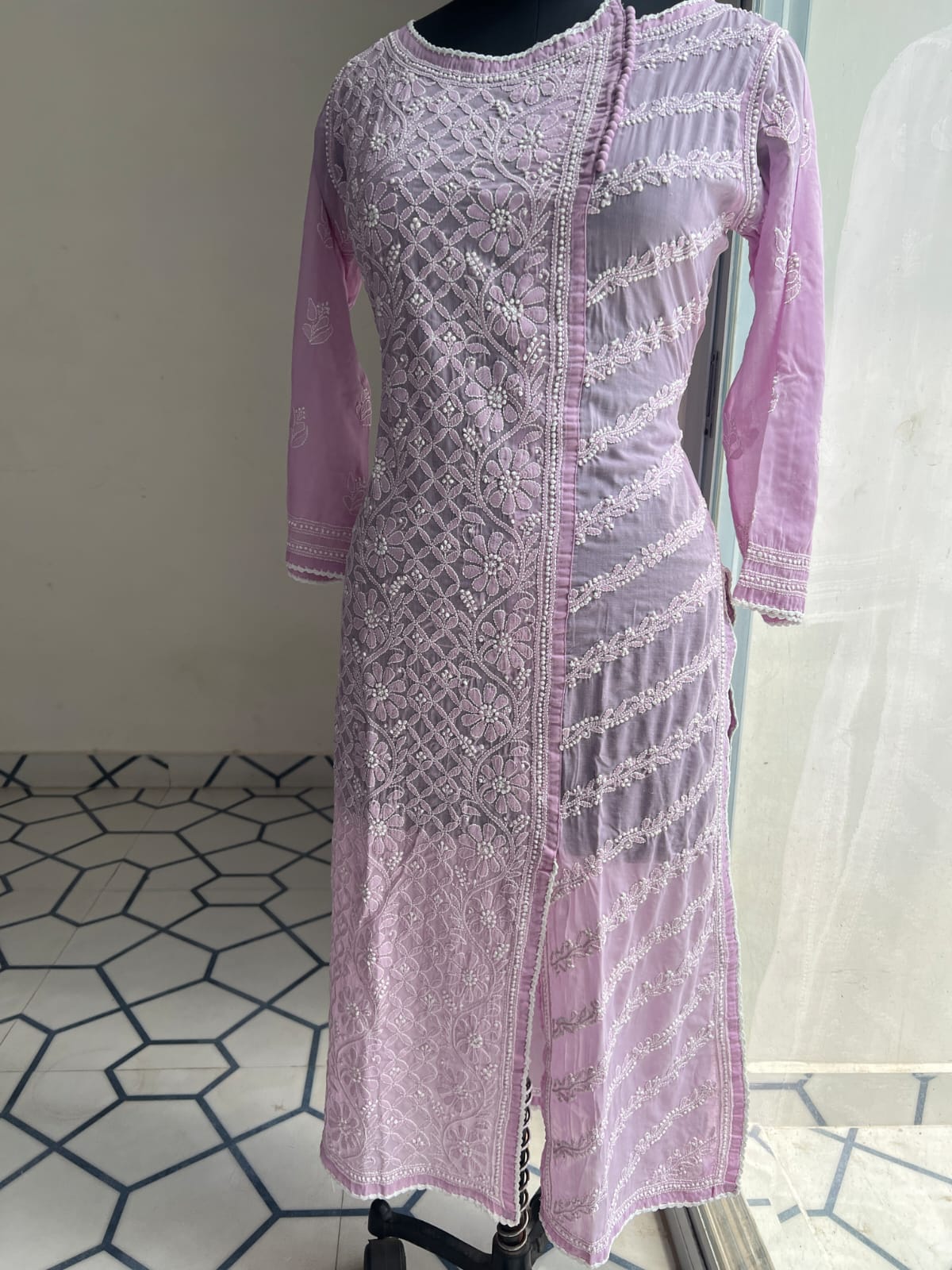 Lavender Soft Cotton Angarkha style Kurta with intricate chikankari
