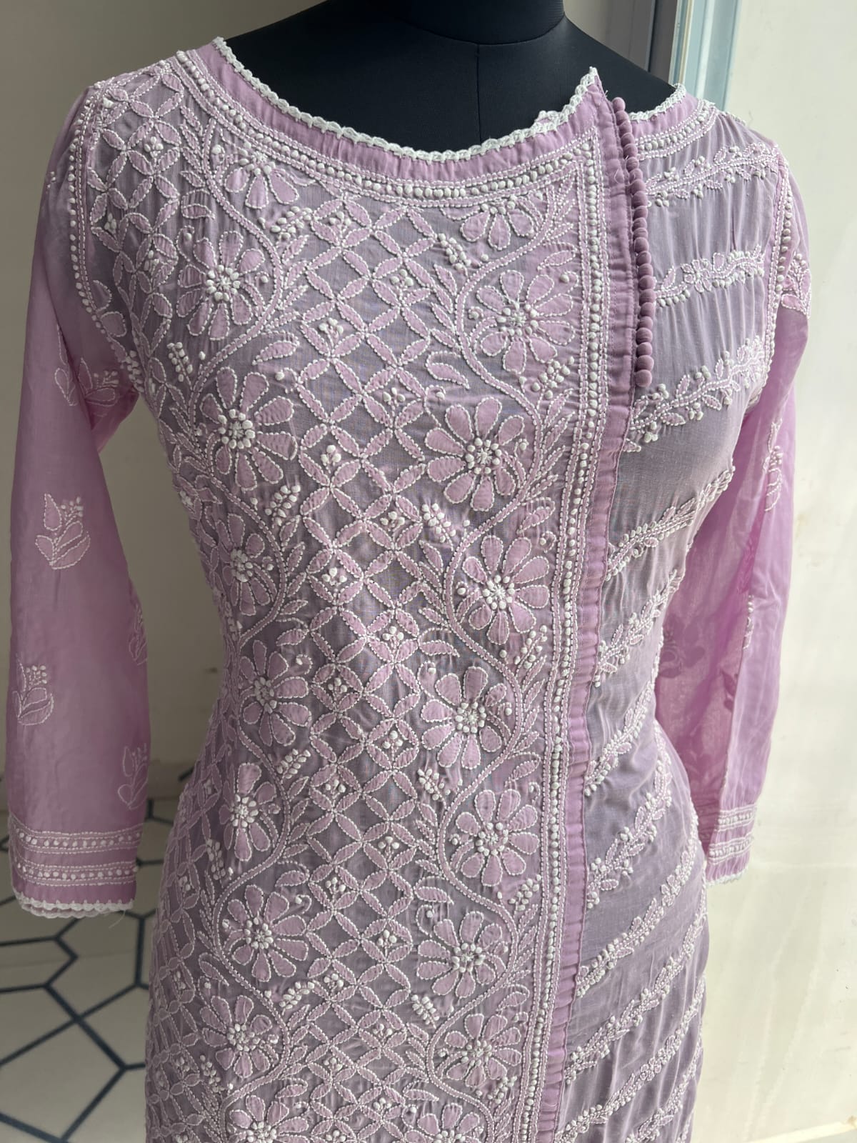 Lavender Soft Cotton Angarkha style Kurta with intricate chikankari