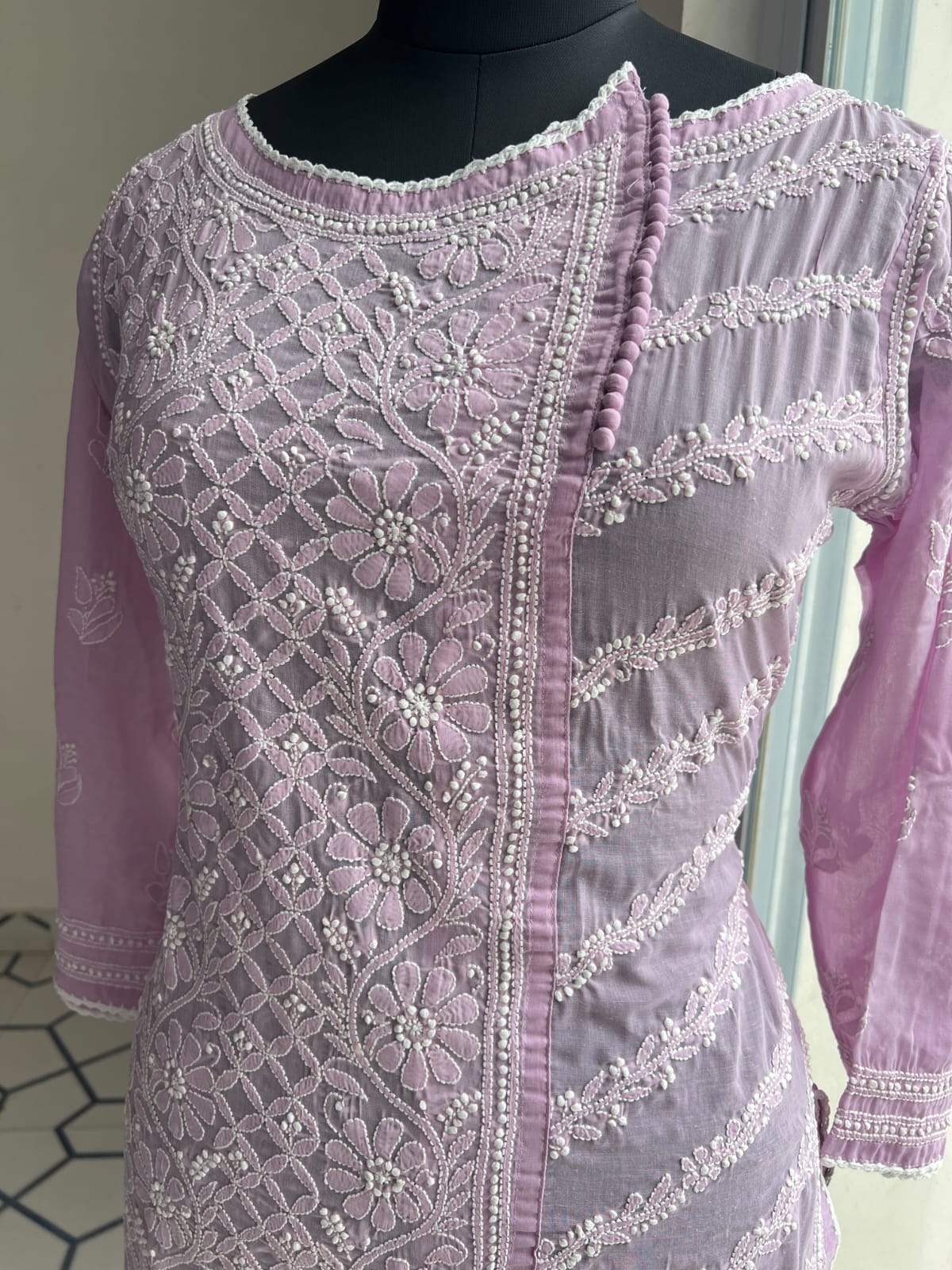 Lavender Soft Cotton Angarkha style Kurta with intricate chikankari