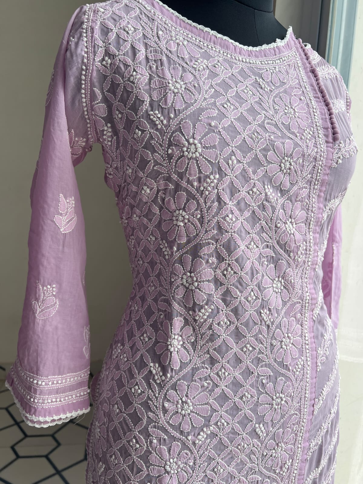 Lavender Soft Cotton Angarkha style Kurta with intricate chikankari