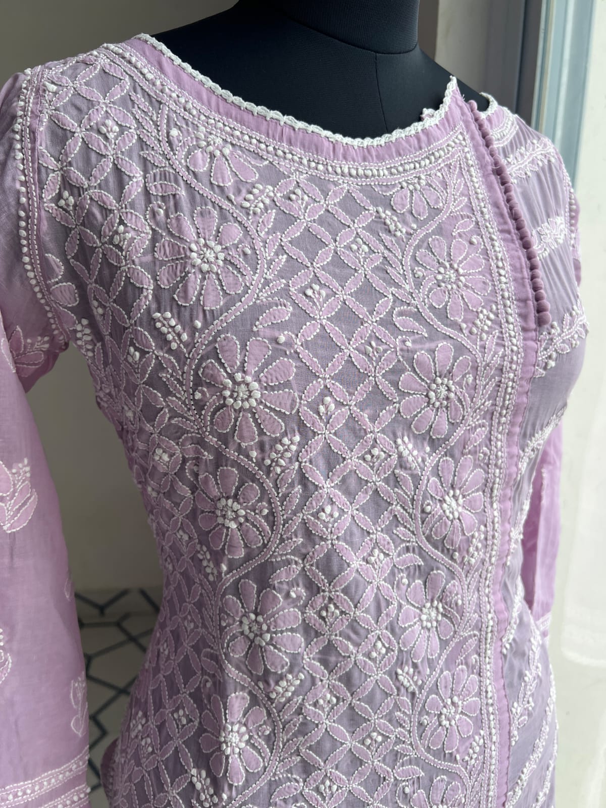 Lavender Soft Cotton Angarkha style Kurta with intricate chikankari