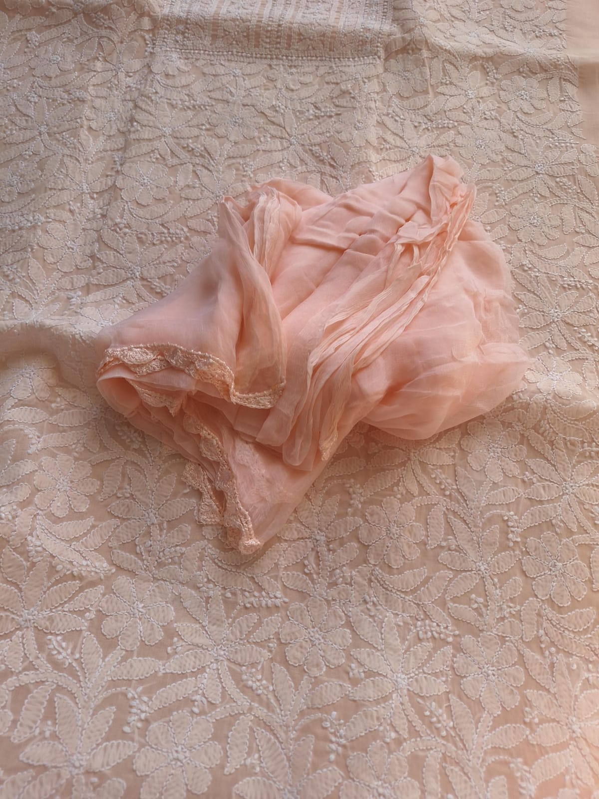 Pastel Peach Cotton Full set with Jaalwork