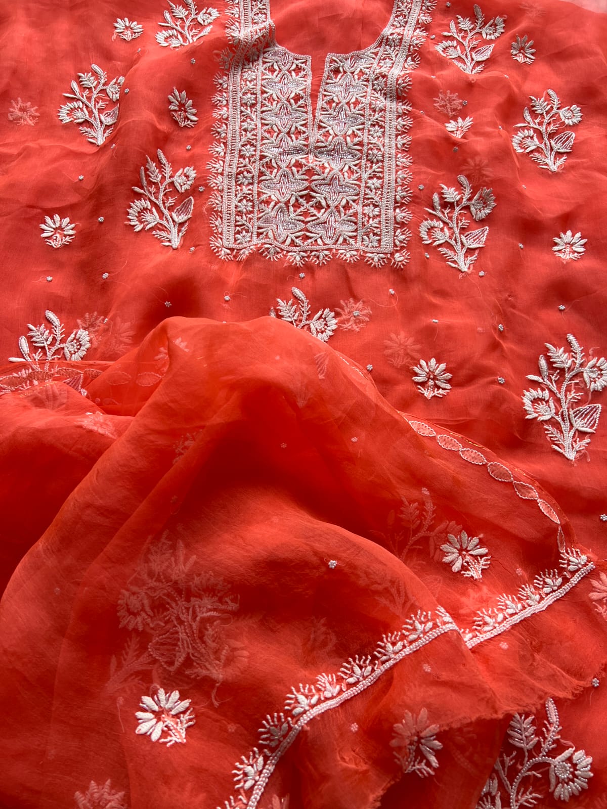 Orange Pure Organza silk Unstitched kurta and dupatta