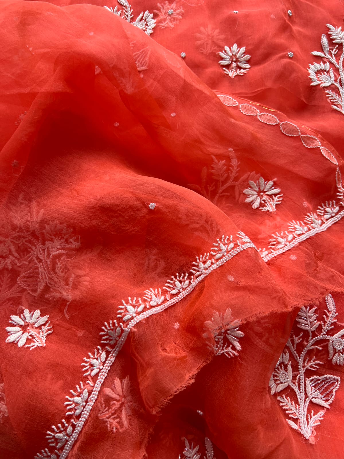 Orange Pure Organza silk Unstitched kurta and dupatta