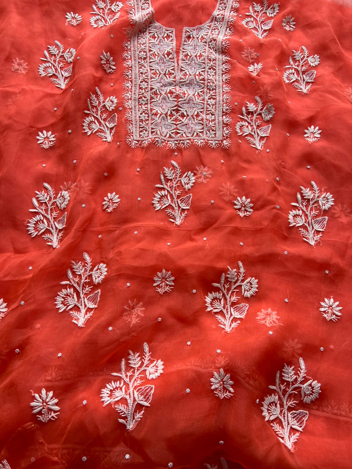 Orange Pure Organza silk Unstitched kurta and dupatta