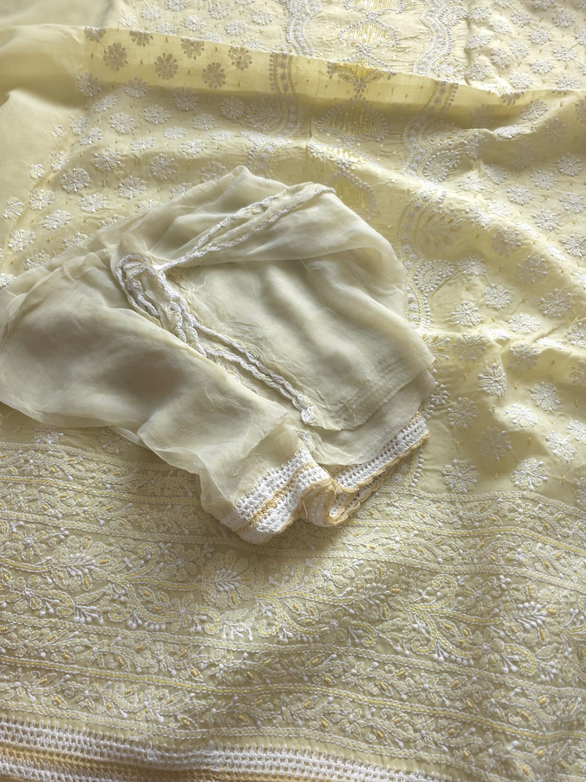 Earthy Beige Cotton full set with Heavy embellishments and chikankari