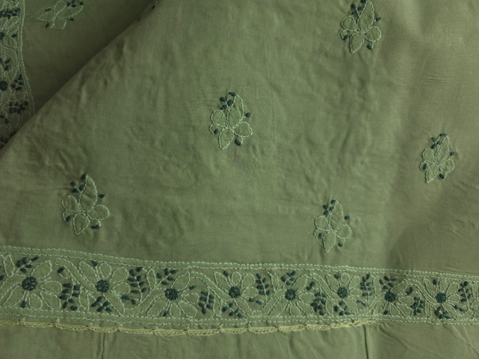 Green Cotton full set with fine dual tone chikankari