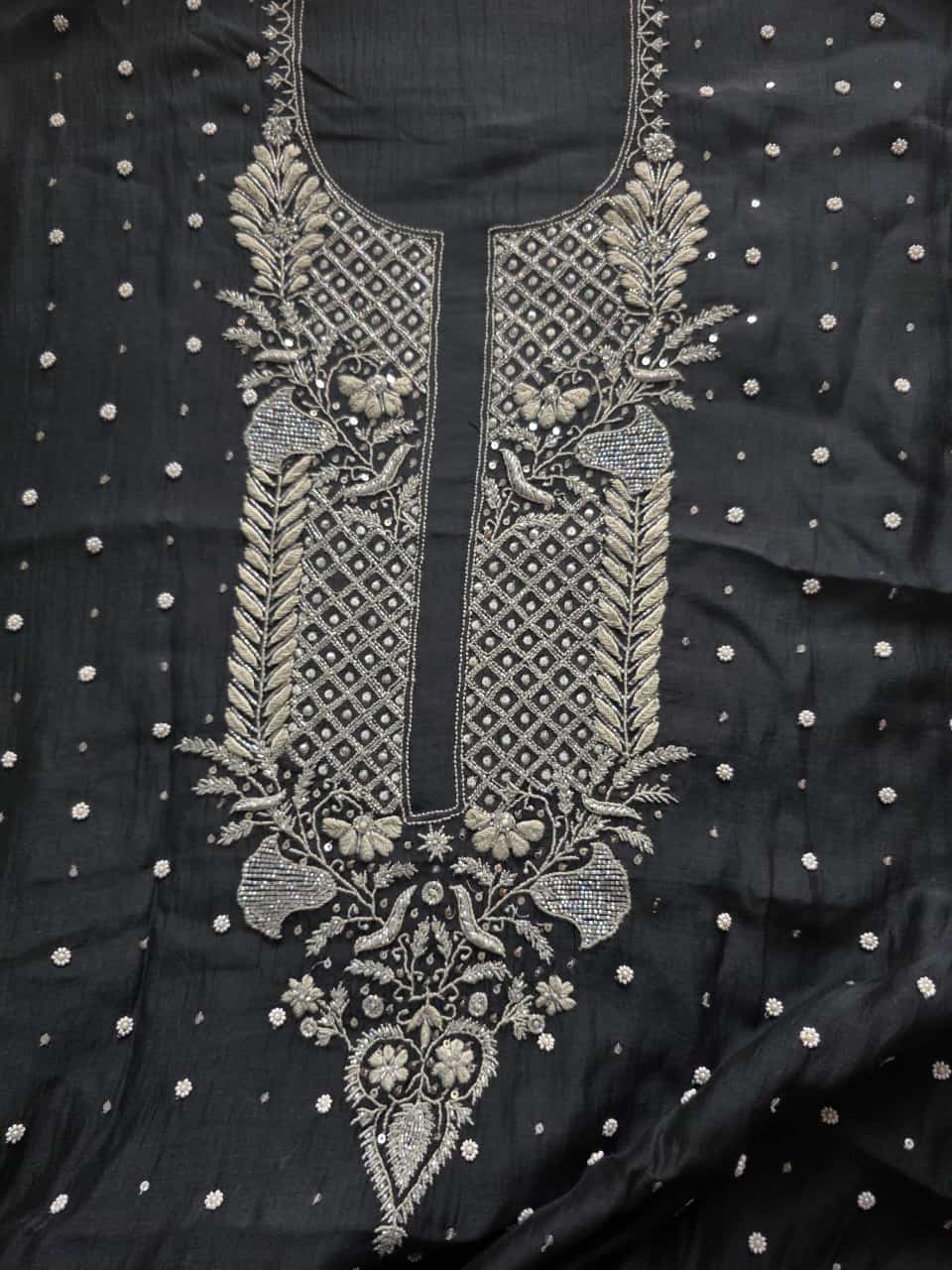 Black Mul Chanderi semi stitched kurta and dupatta with handwork