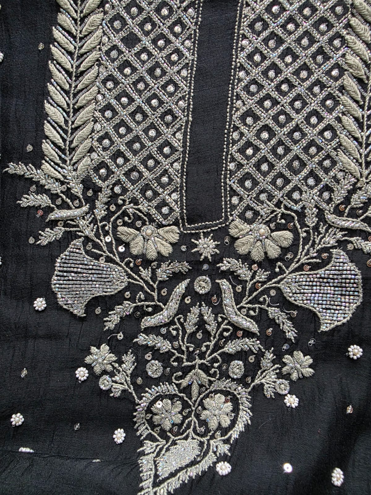 Black Mul Chanderi semi stitched kurta and dupatta with handwork