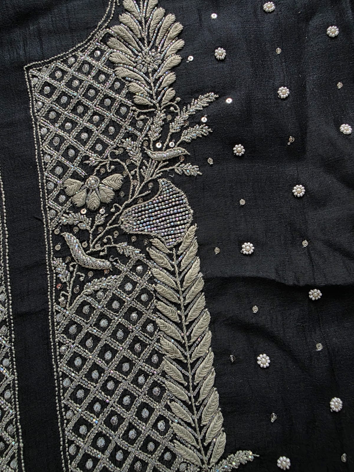 Black Mul Chanderi semi stitched kurta and dupatta with handwork