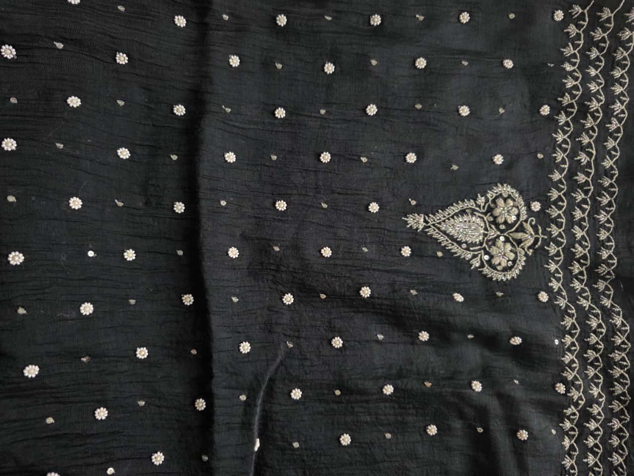 Black Mul Chanderi semi stitched kurta and dupatta with handwork