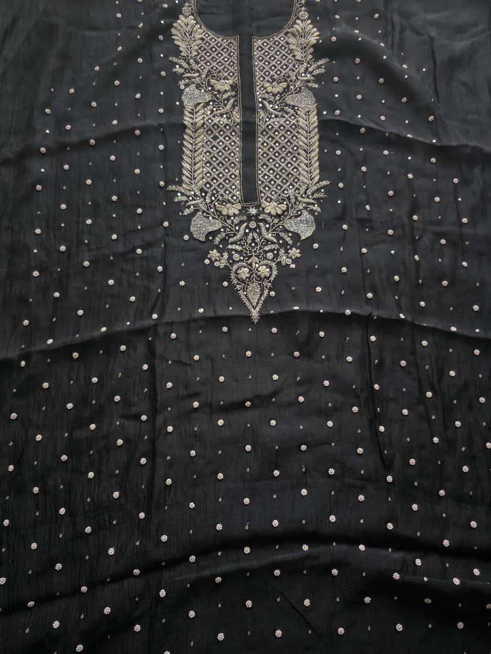Black Mul Chanderi semi stitched kurta and dupatta with handwork