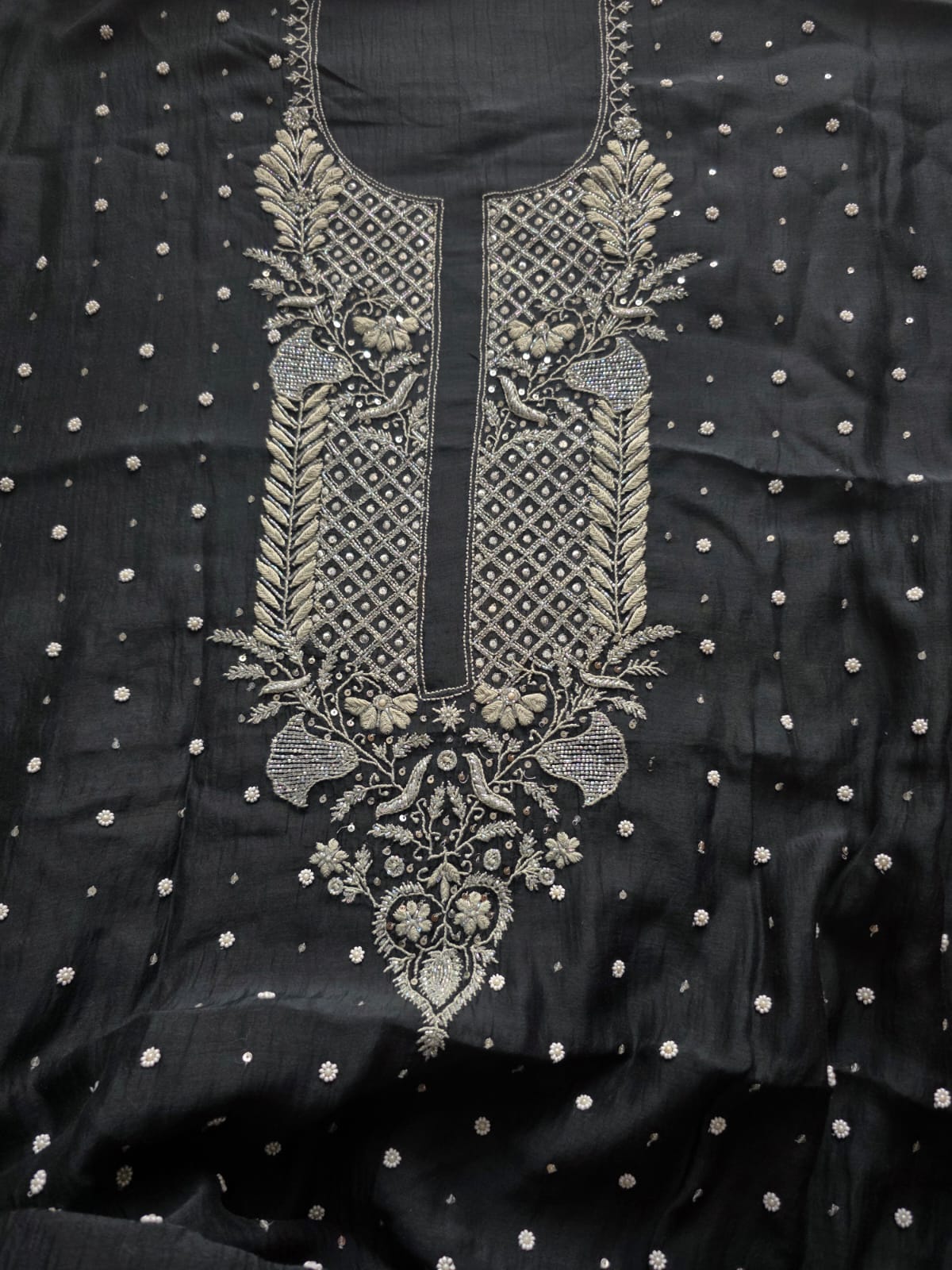Black Mul Chanderi semi stitched kurta and dupatta with handwork