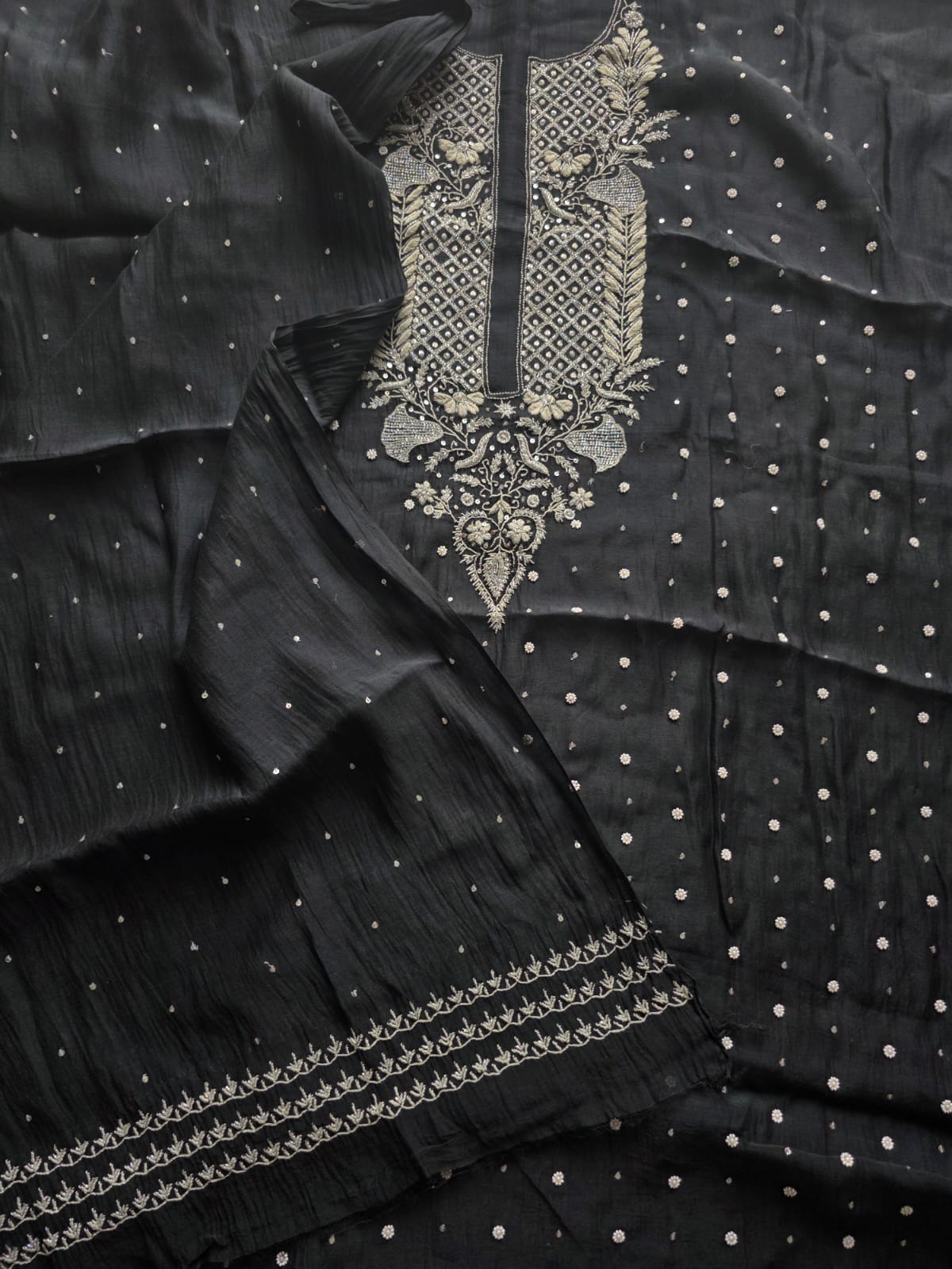 Black Mul Chanderi semi stitched kurta and dupatta with handwork