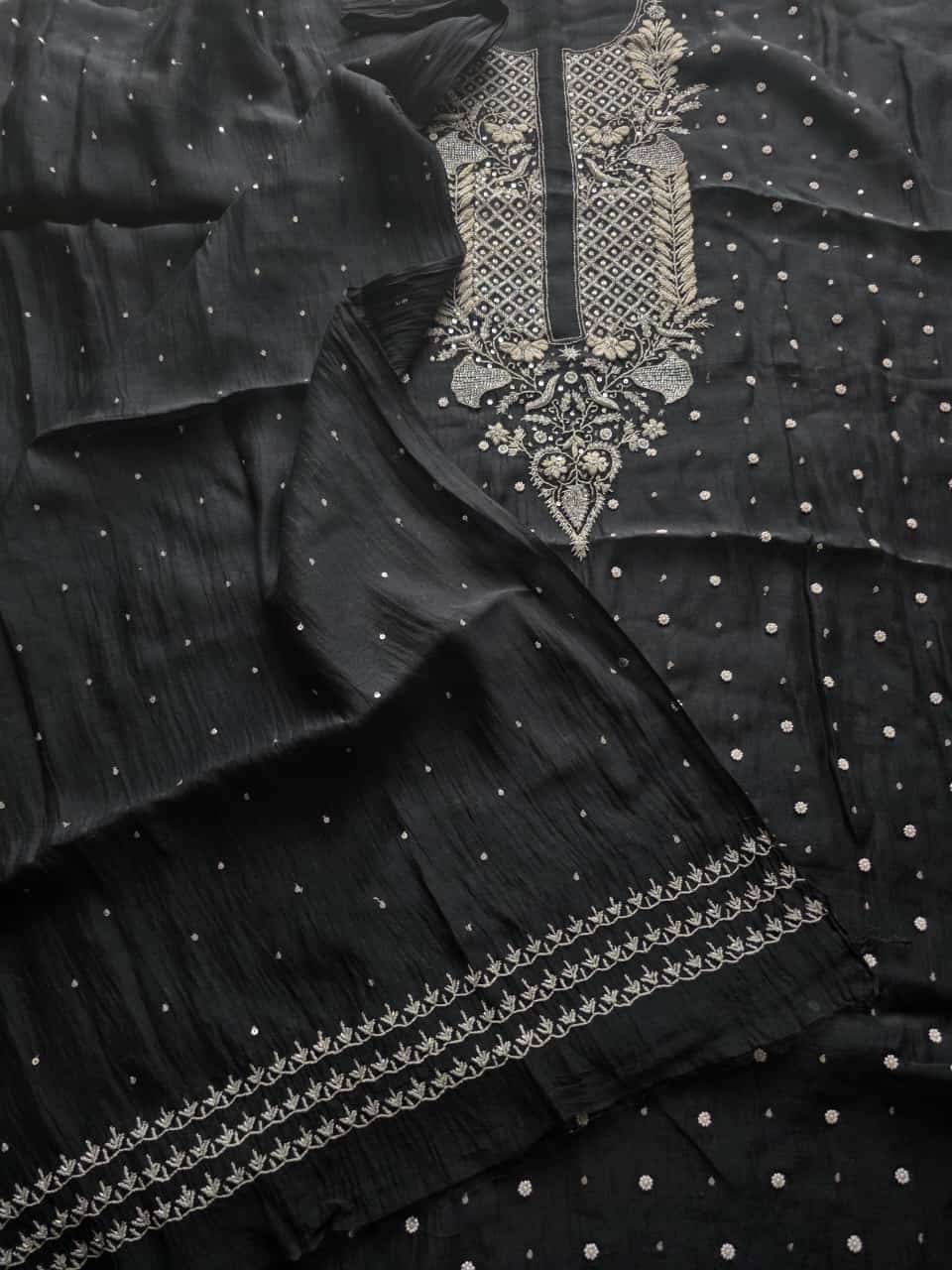 Black Mul Chanderi semi stitched kurta and dupatta with handwork