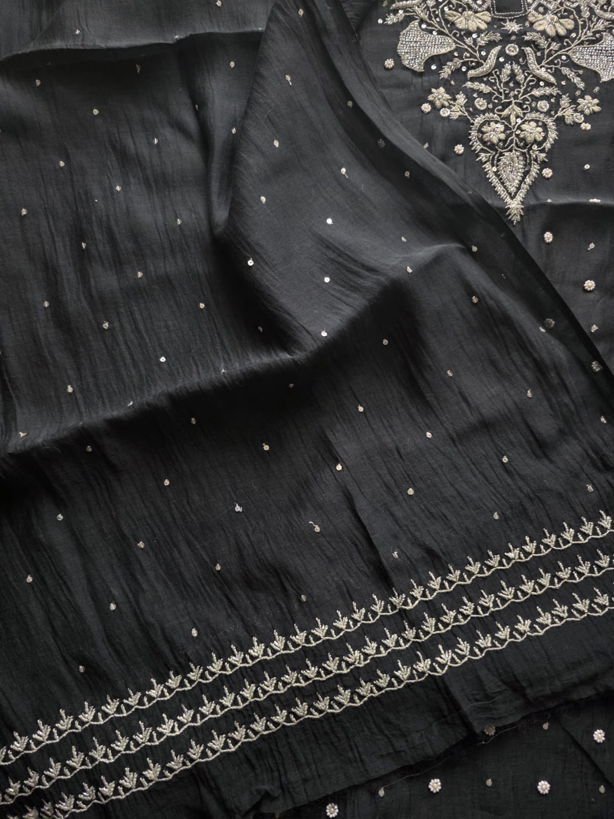 Black Mul Chanderi semi stitched kurta and dupatta with handwork