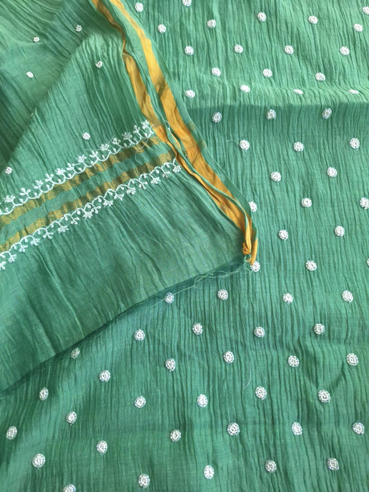 Green Mul Chanderi Unstitched kurta dupatta set with Handwork