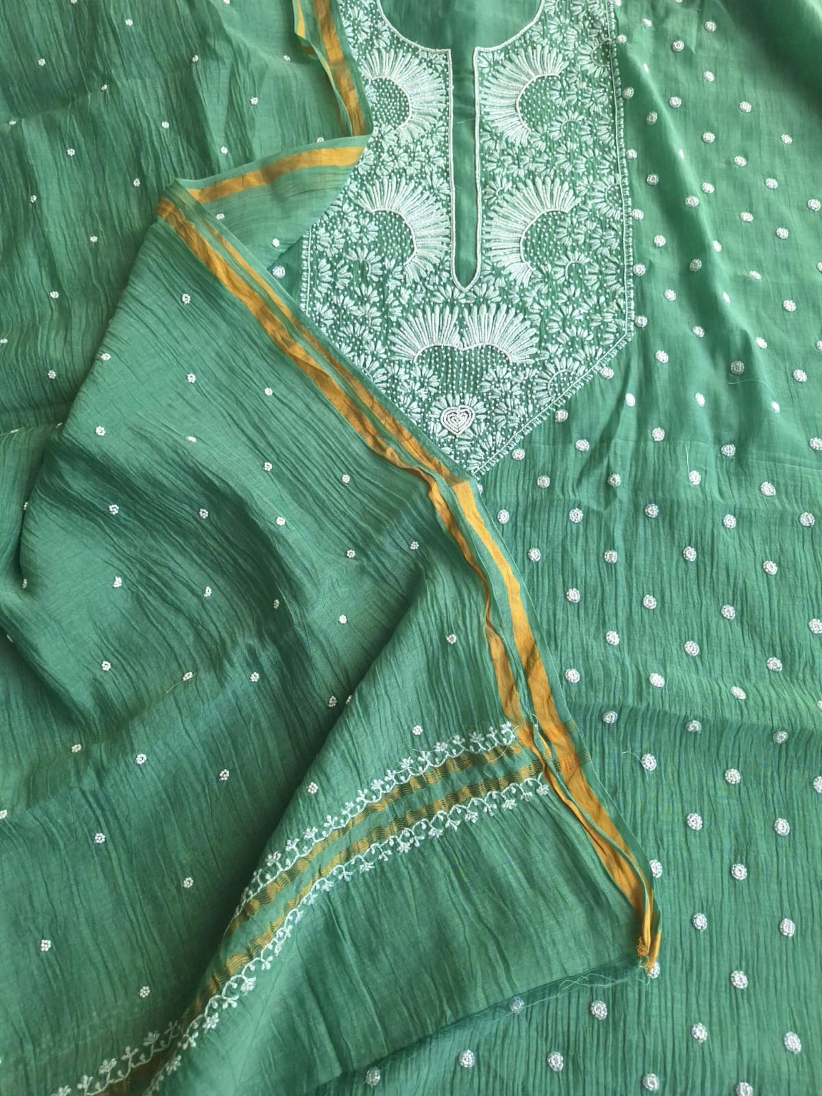 Green Mul Chanderi Unstitched kurta dupatta set with Handwork