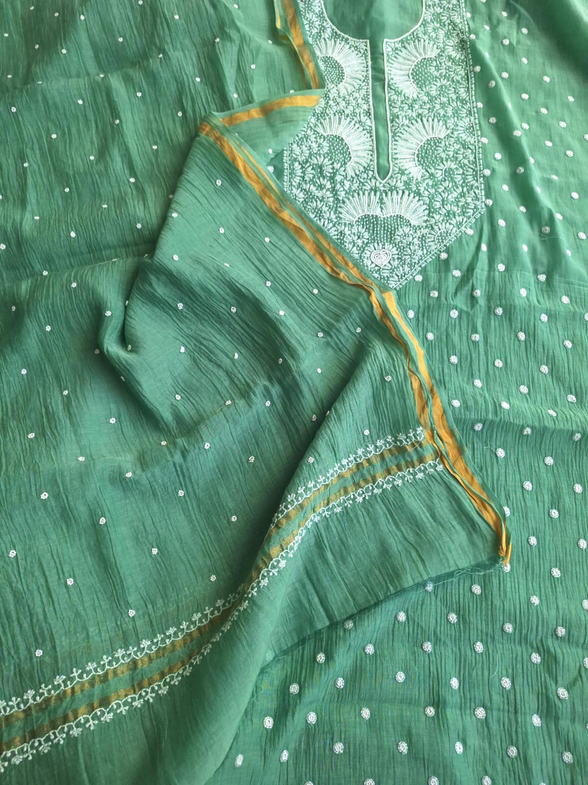Green Mul Chanderi Unstitched kurta dupatta set with Handwork