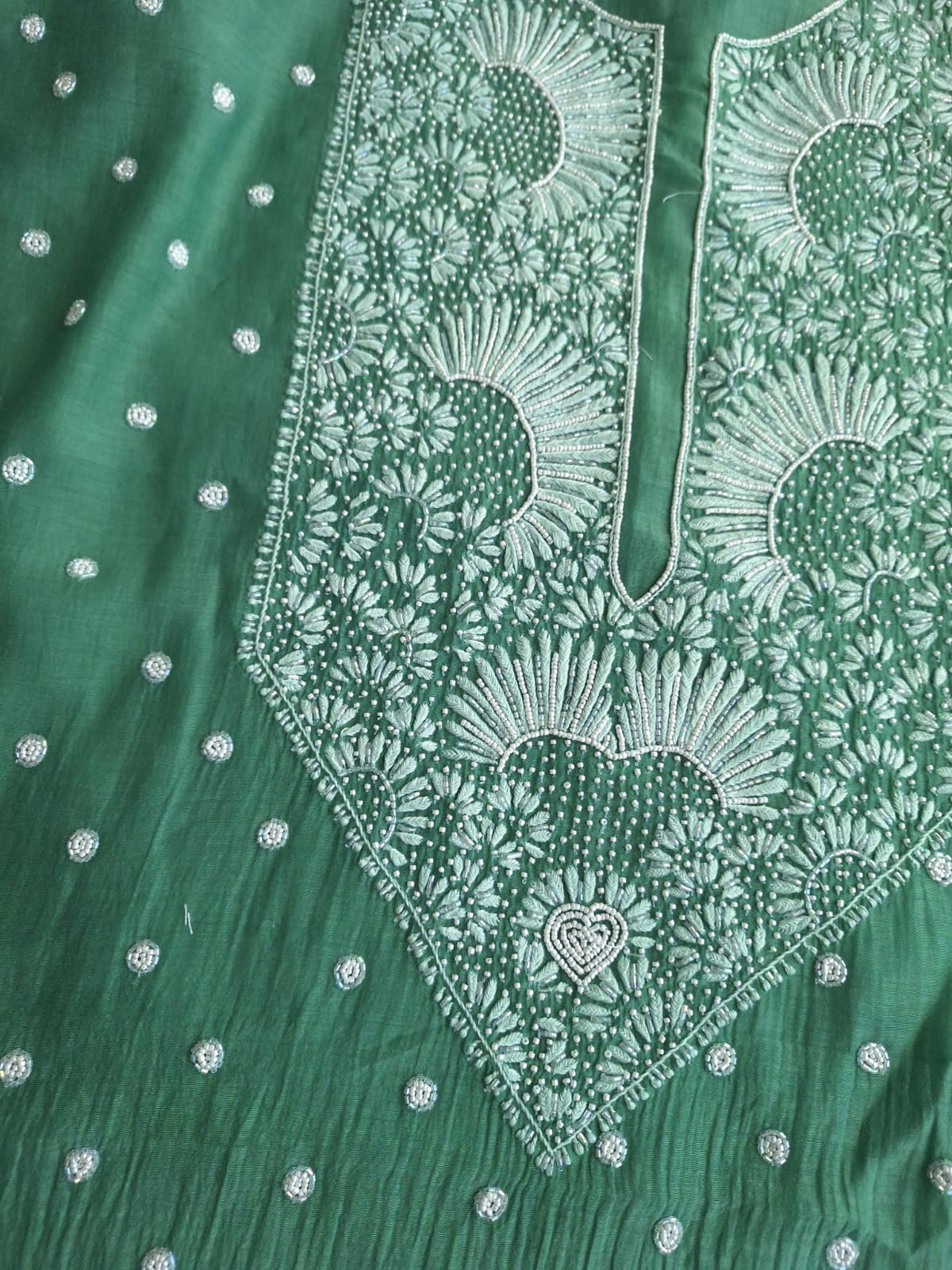 Green Mul Chanderi Unstitched kurta dupatta set with Handwork