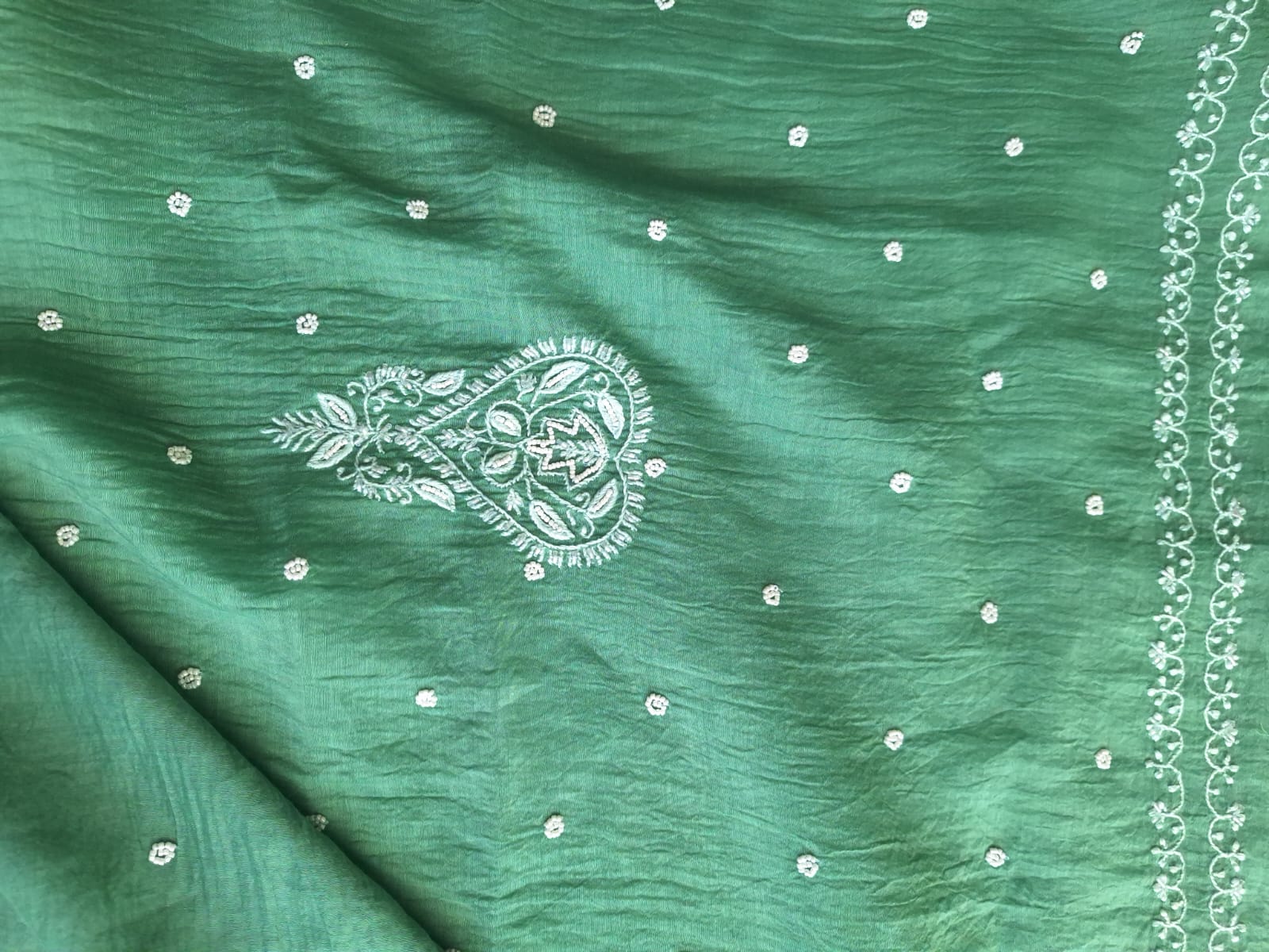 Green Mul Chanderi Unstitched kurta dupatta set with Handwork