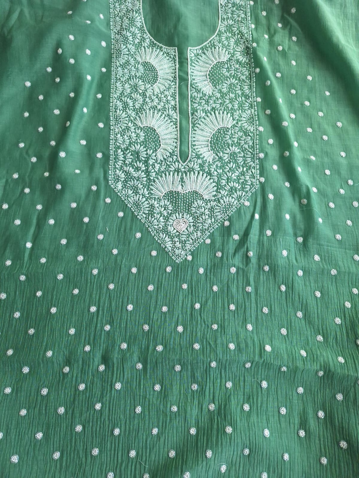 Green Mul Chanderi Unstitched kurta dupatta set with Handwork