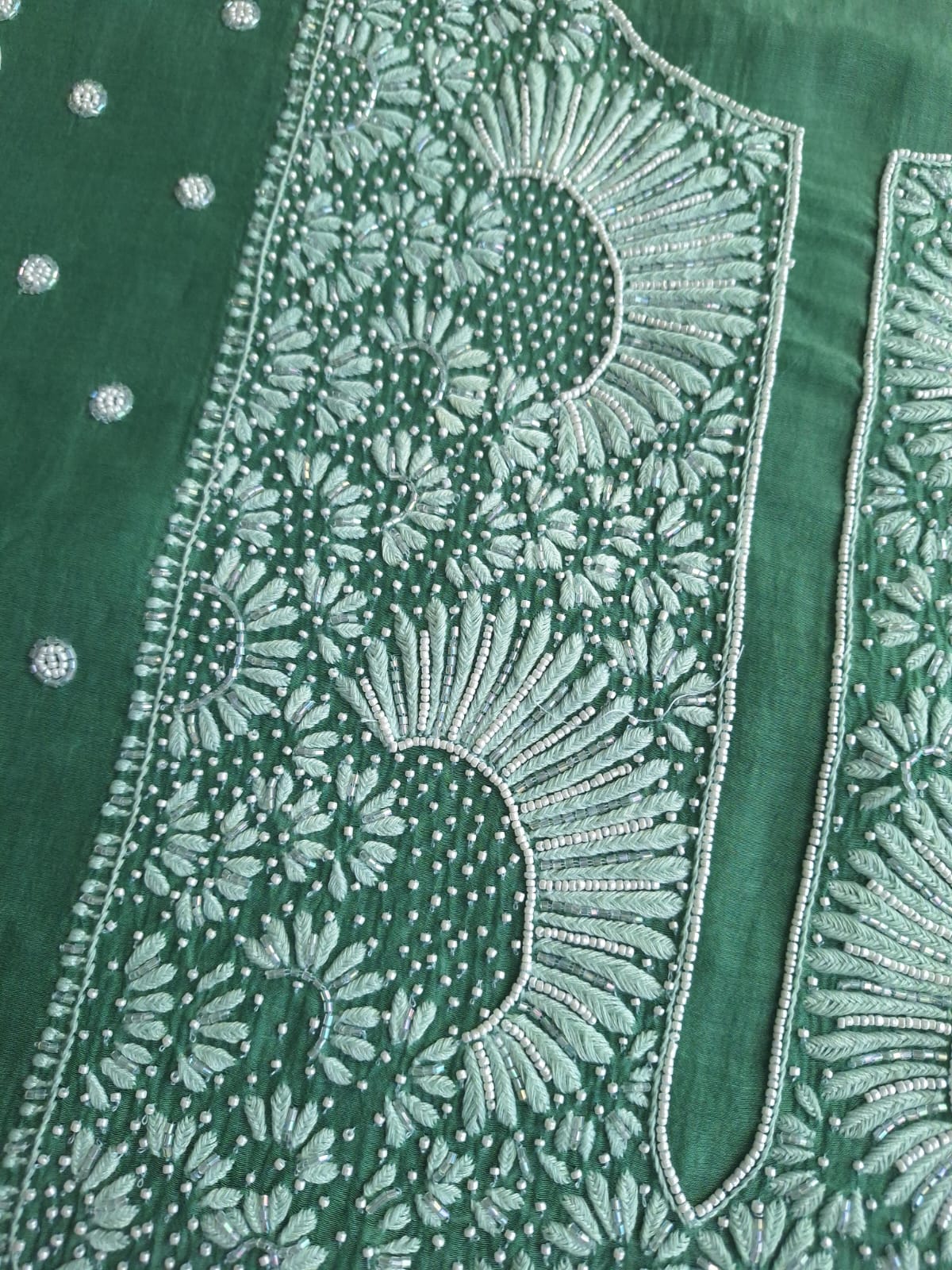 Green Mul Chanderi Unstitched kurta dupatta set with Handwork
