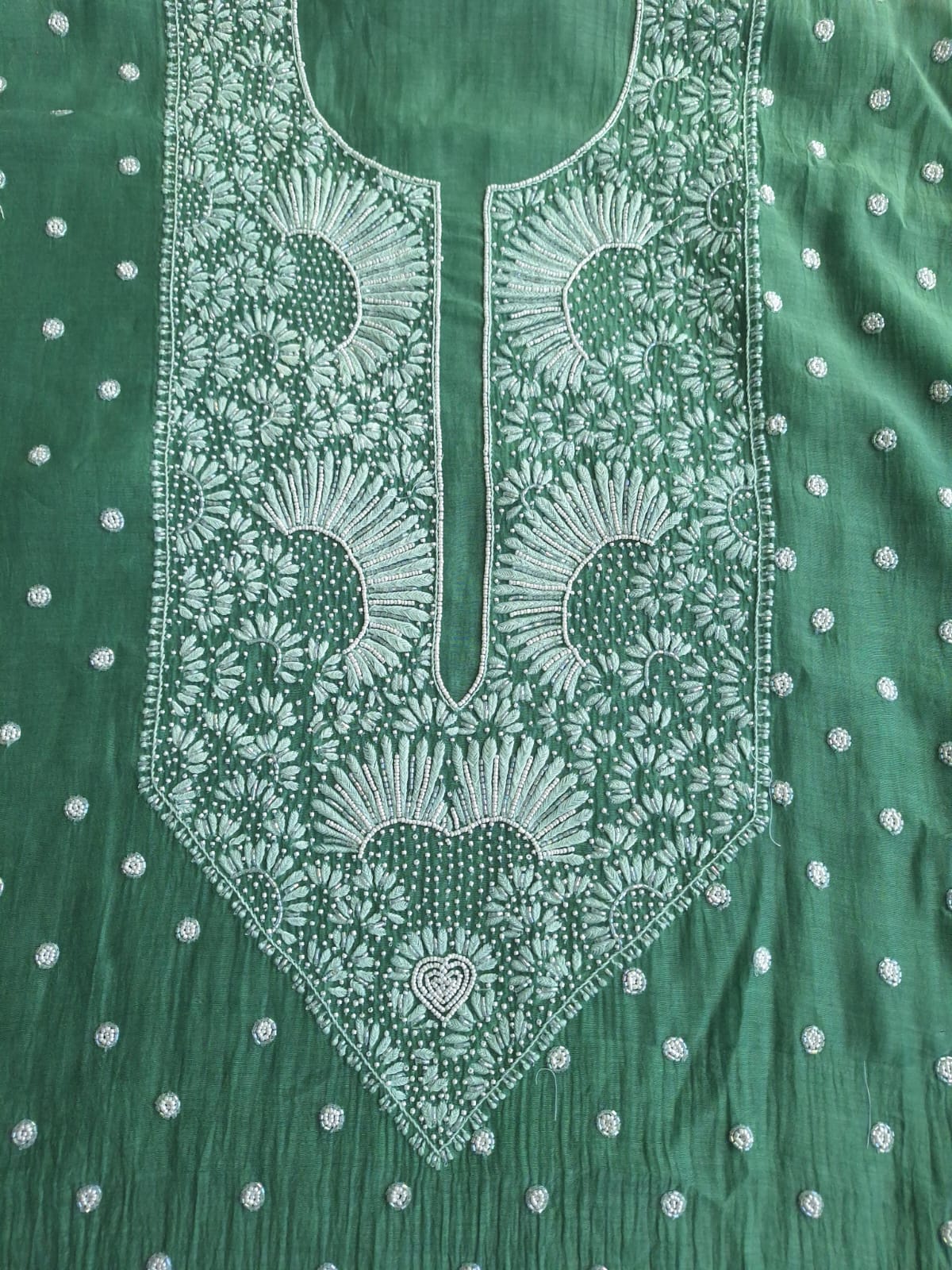 Green Mul Chanderi Unstitched kurta dupatta set with Handwork