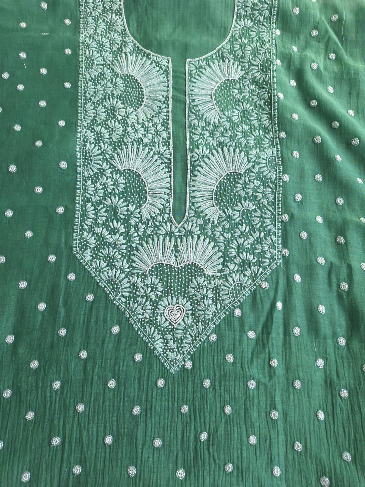 Green Mul Chanderi Unstitched kurta dupatta set with Handwork